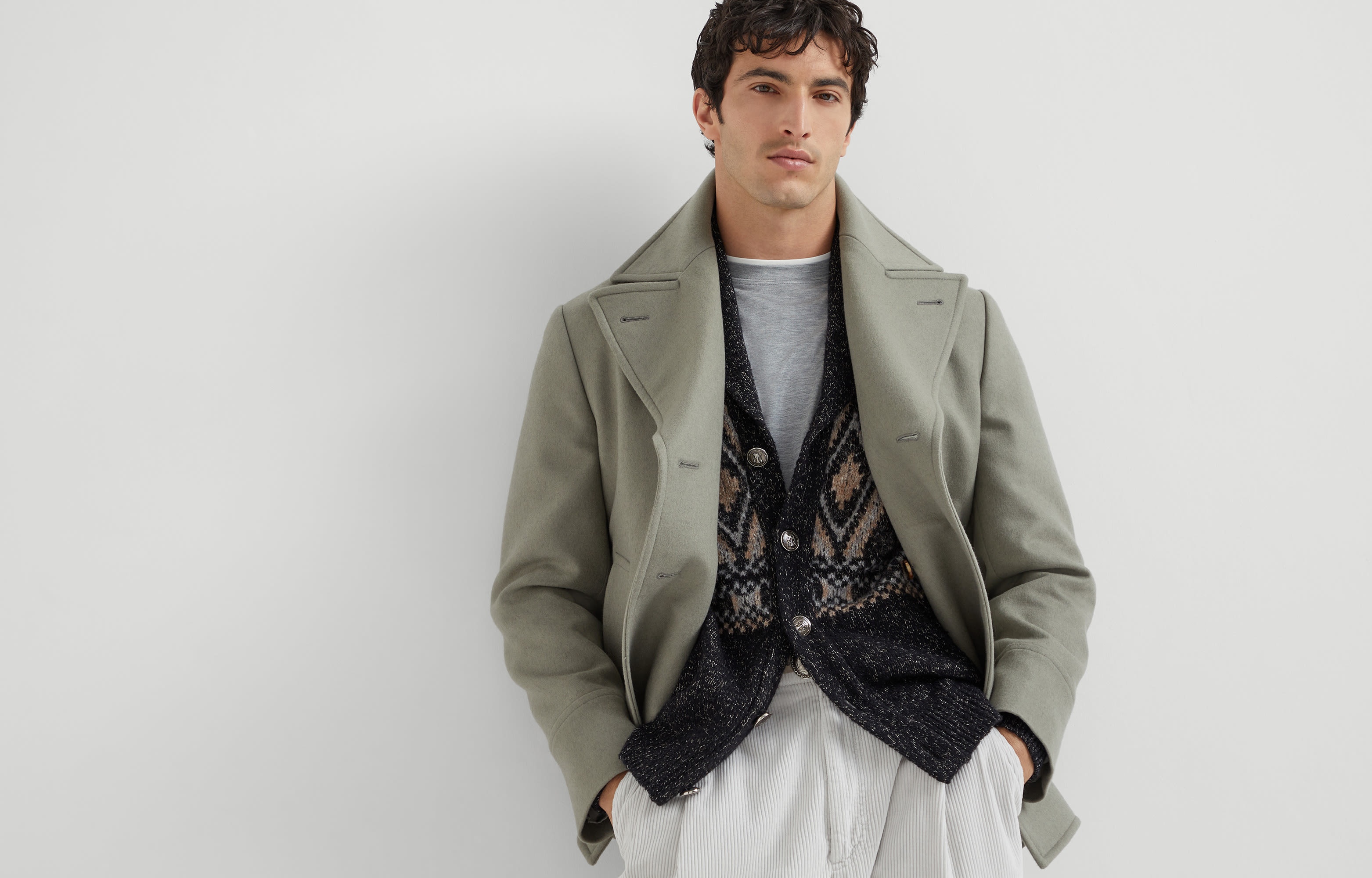 Geometric jacquard cardigan in mouliné virgin wool, silk and cashmere with metal buttons - 6