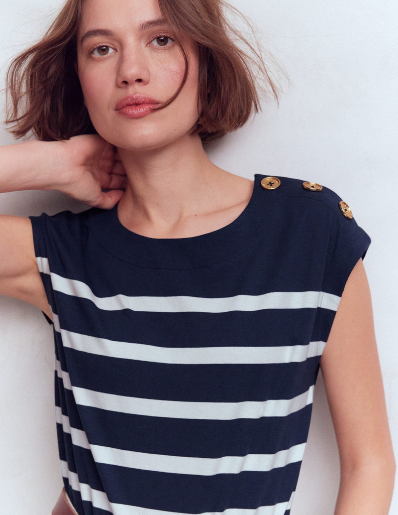 Button Detail T-Shirt-Navy and Ivory Stripe 3