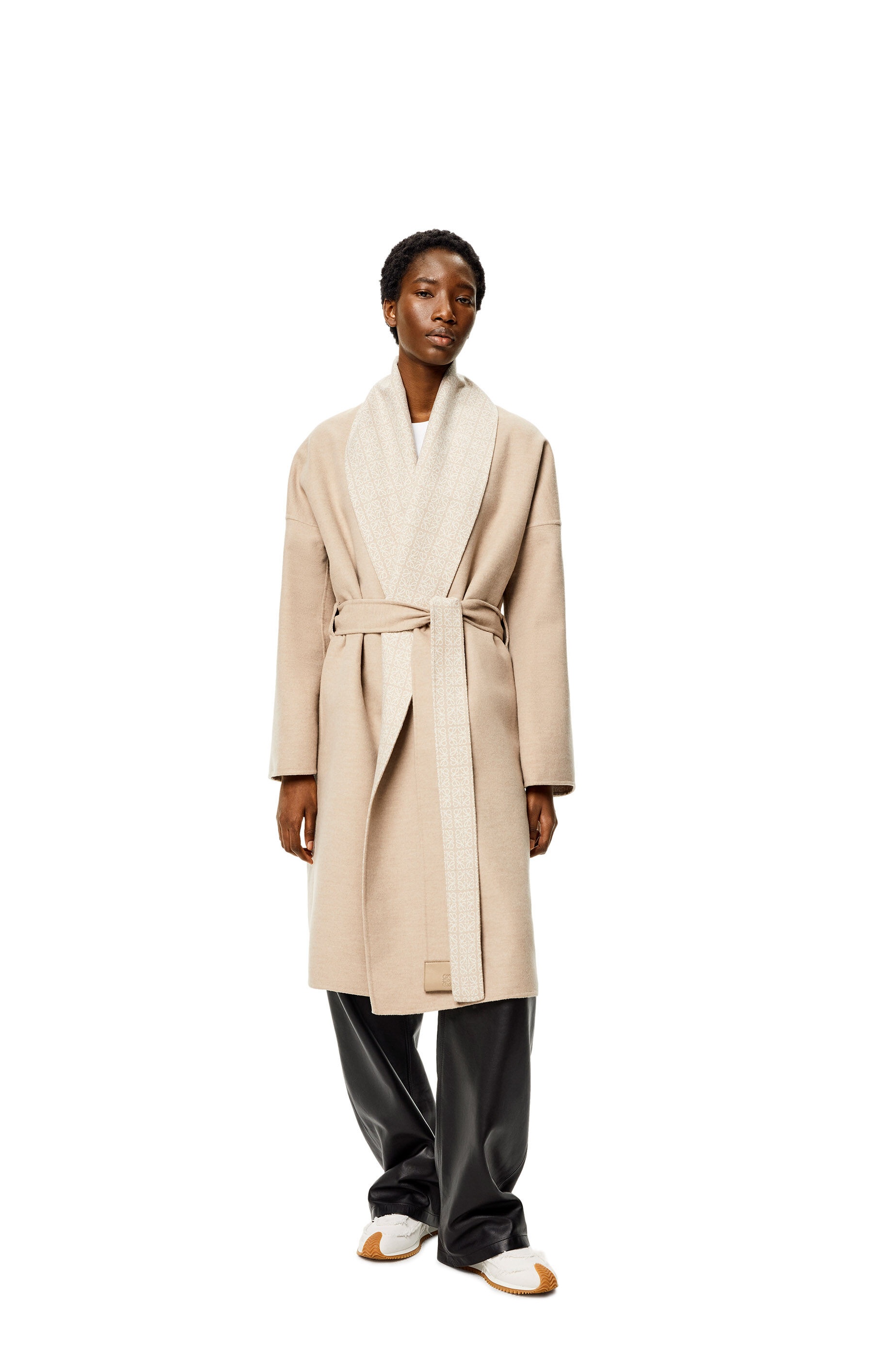 Anagram jacquard belted coat in wool - 3