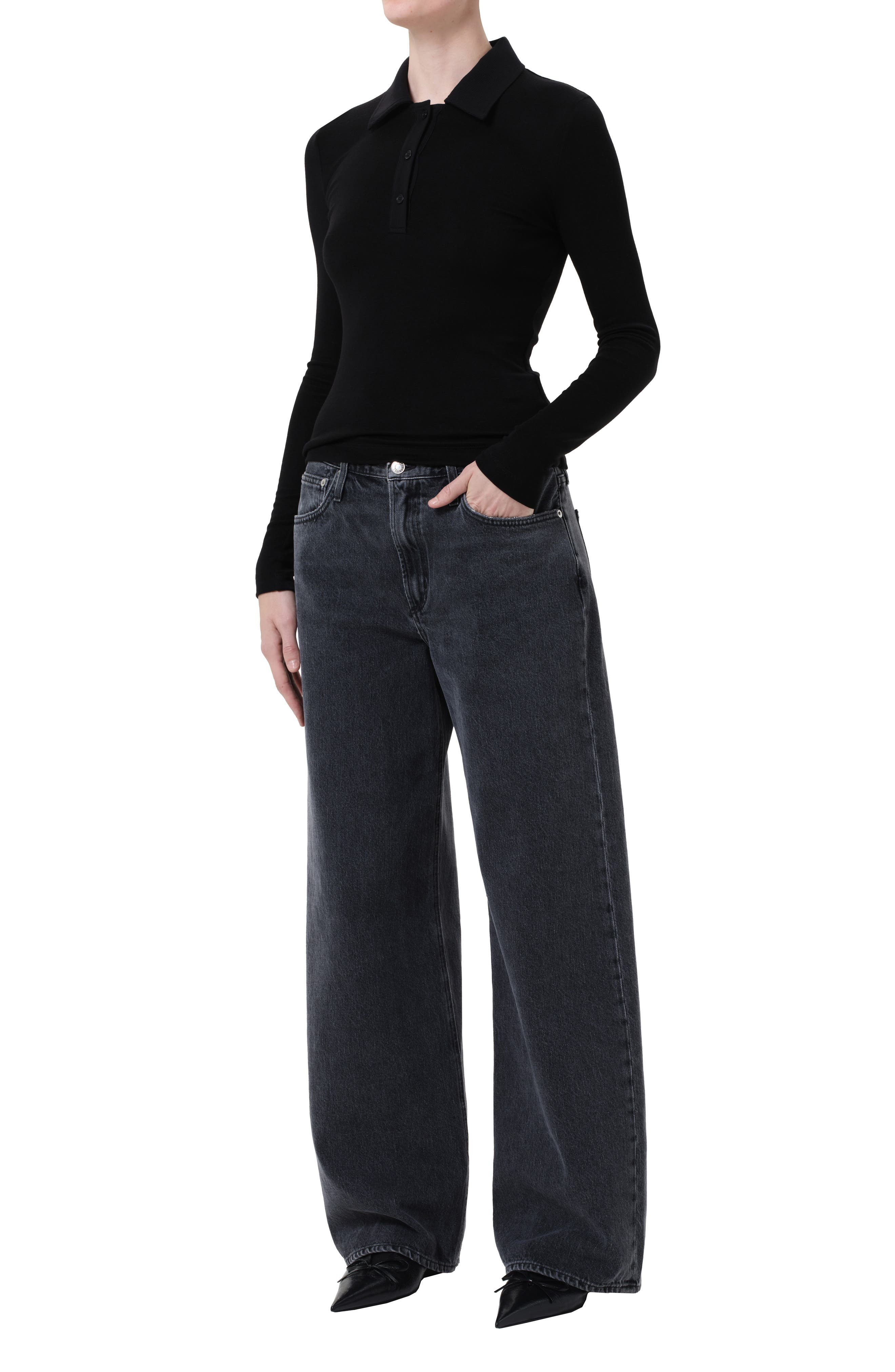 AGOLDE Amos Long Sleeve Polo Shirt in Black at Nordstrom - 5