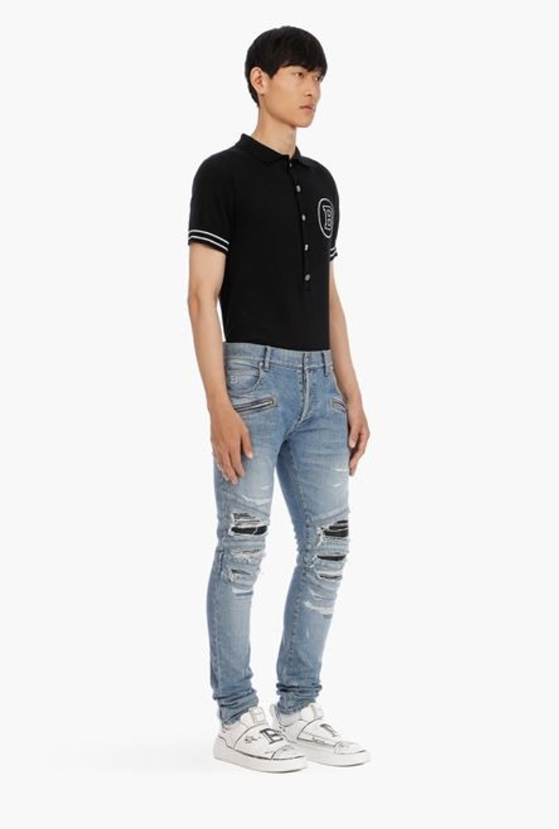 Slim-cut ripped blue cotton jeans with synthetic leather panels 6