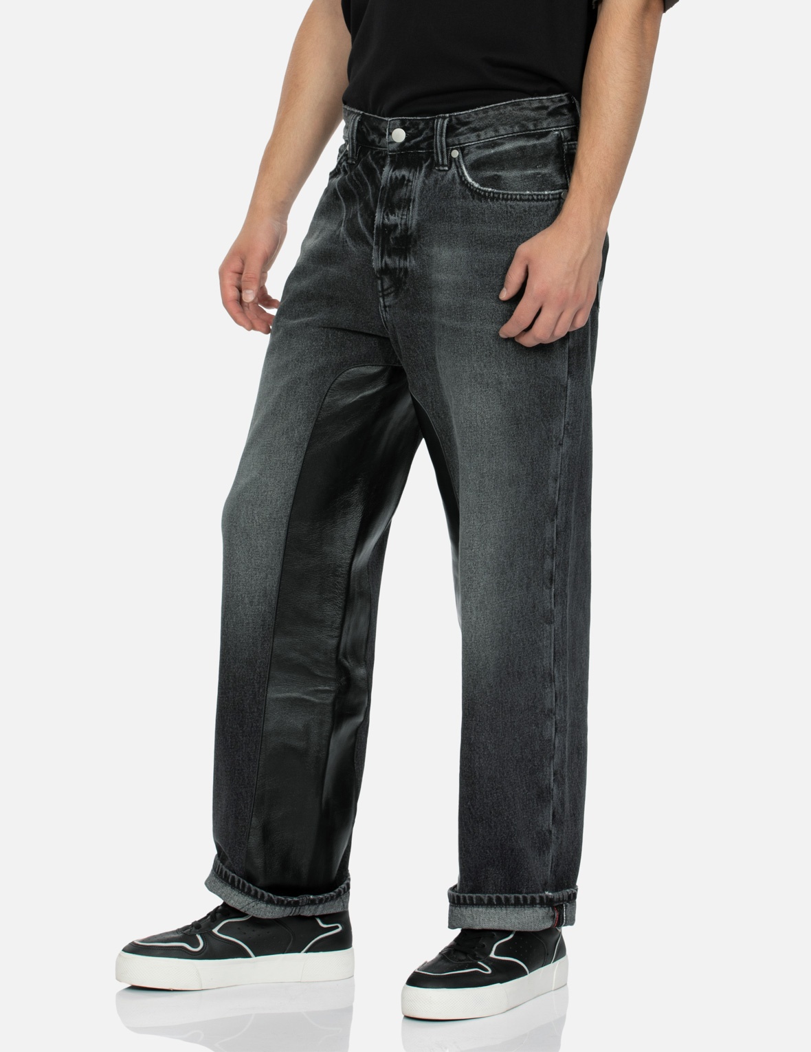 LEATHER INLAY AND SEAGULL POCKETS BAGGY FIT JEANS - 8