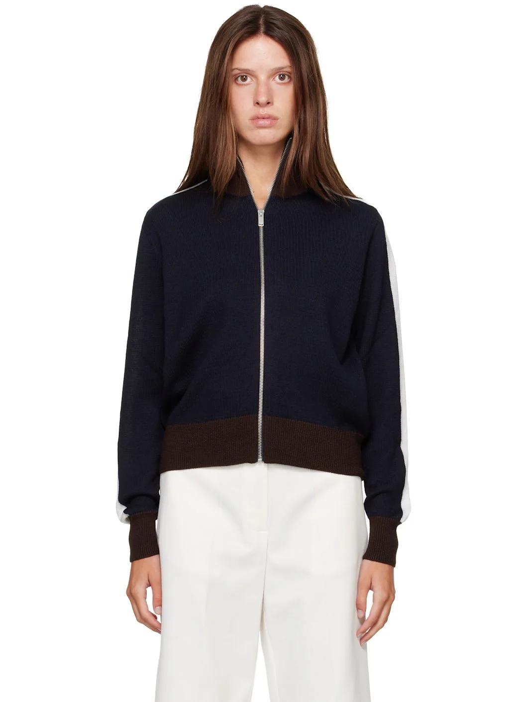 Navy & Brown Extrafine Merino Wool Sporty Cardigan - 1