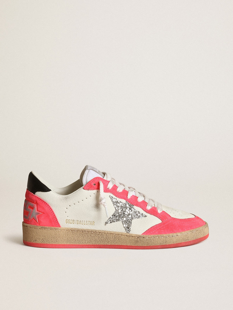 Ball Star sneakers in white nappa leather with silver glitter star and fluorescent lobster-colored s - 1