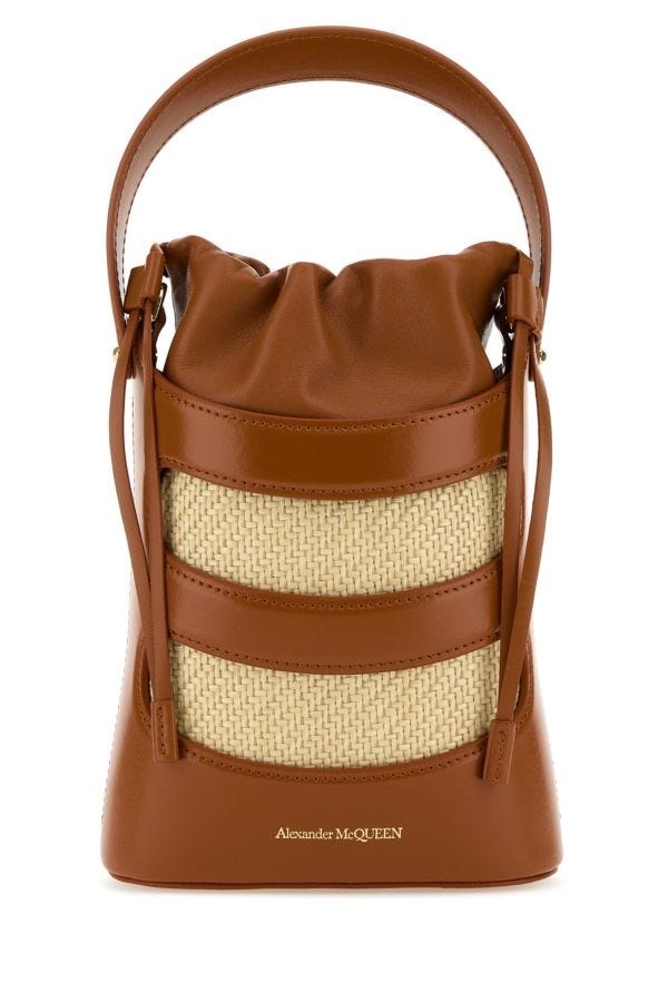 Alexander Mcqueen Woman Two-Tone Leather And Raffia Mini The Rise Bucket Bag - 1