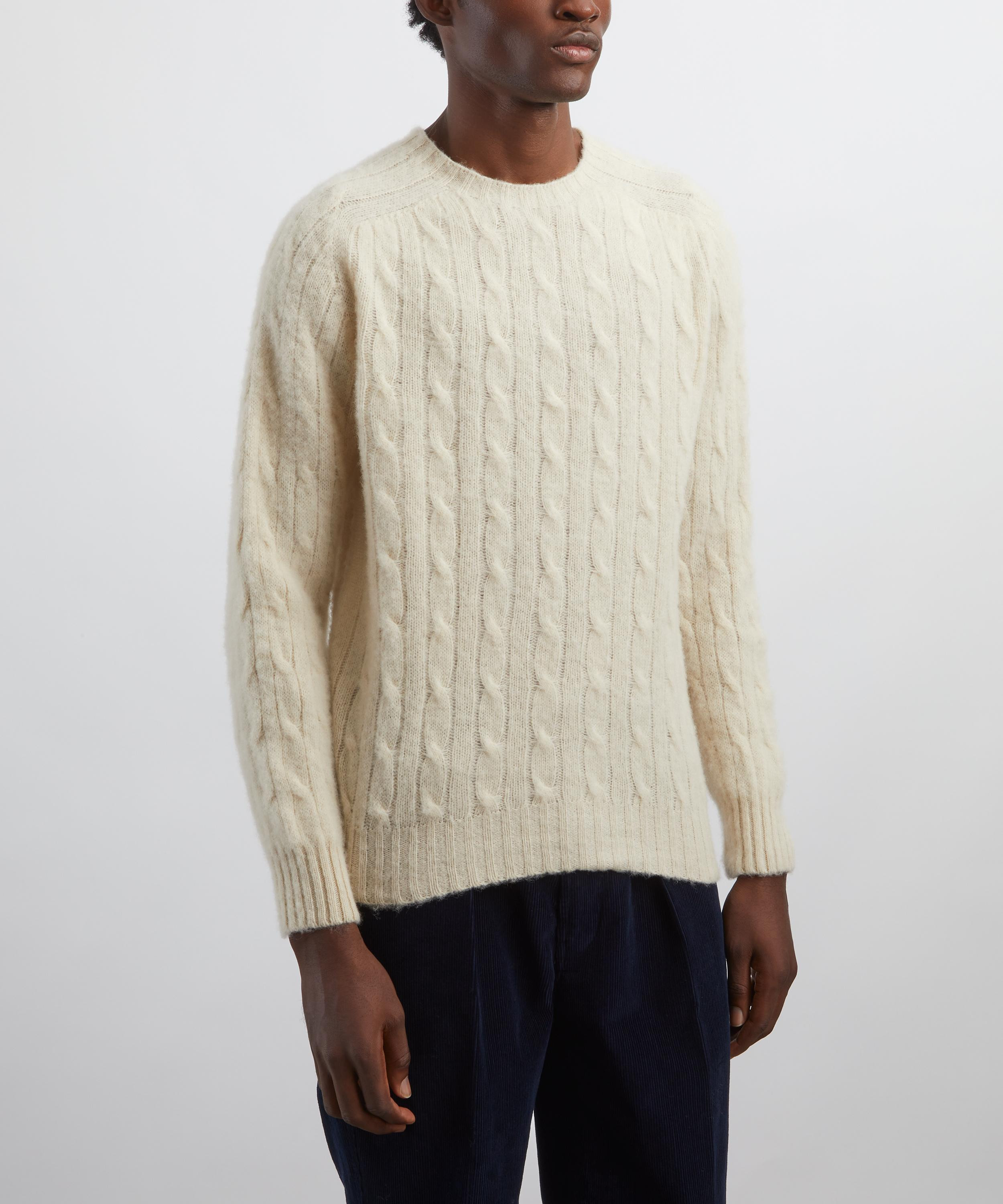 Ecru Brushed Shetland Cable Knit Crew Neck Jumper - 3