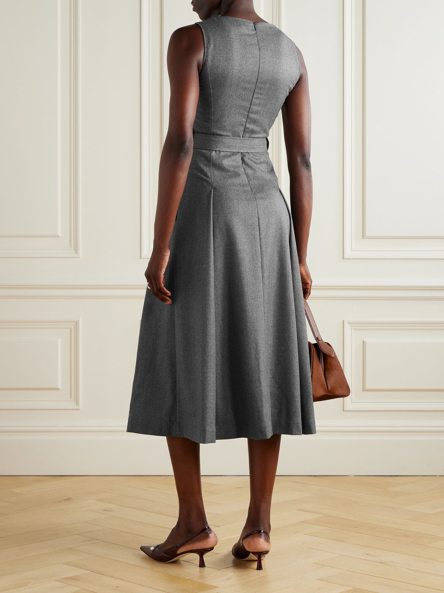 Belted pleated wool midi dress Gray - 3