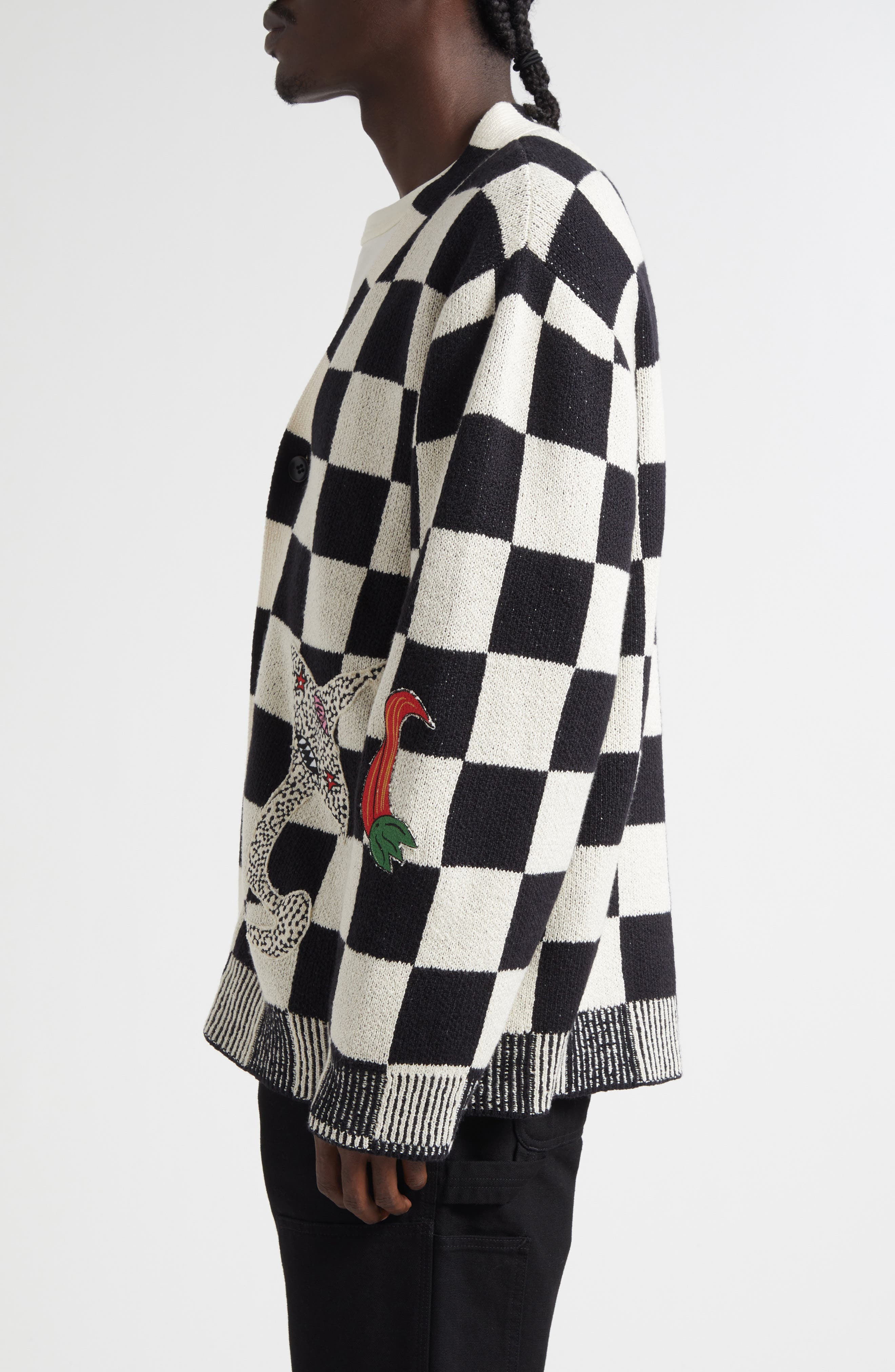 The Elder Statesman Nora Lite Creatures Cardigan in Black/Natural Check at Nordstrom - 3