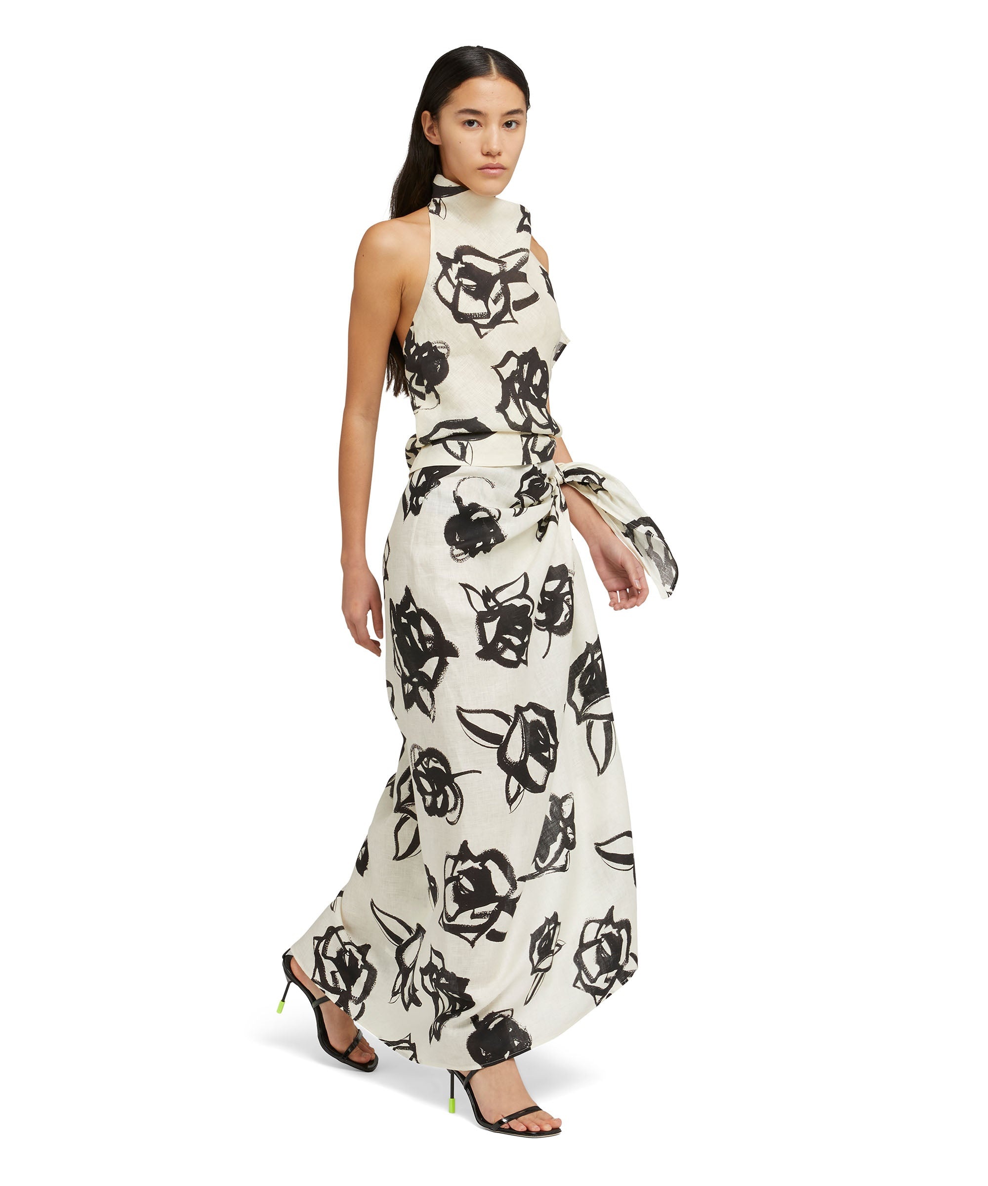 Blended linen sleeveless top with hooded collar and  brushstroke rose print - 5