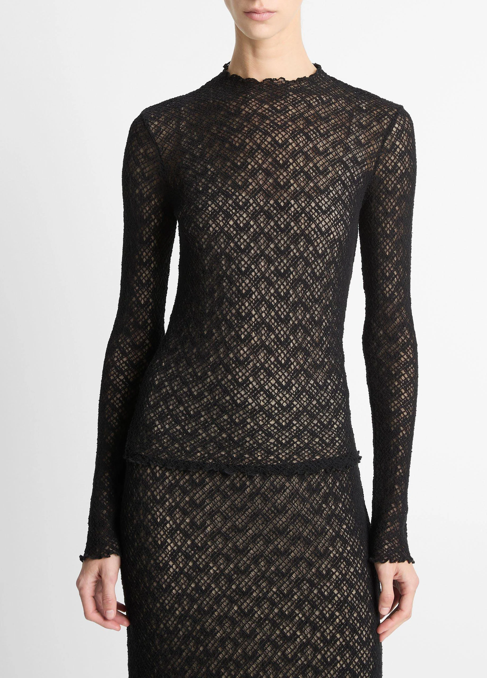 Cotton-Blend Diamond Lace Mock-Neck Long-Sleeve Top - 1