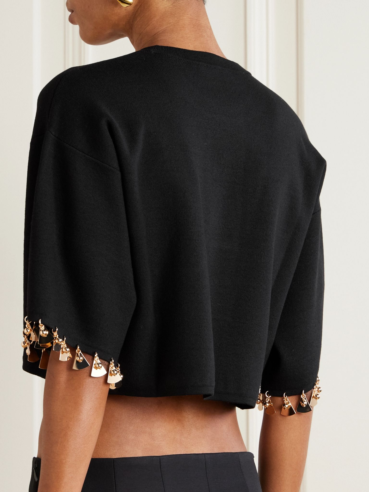 Cropped embellished stretch-silk and cotton-blend sweater Black - 3