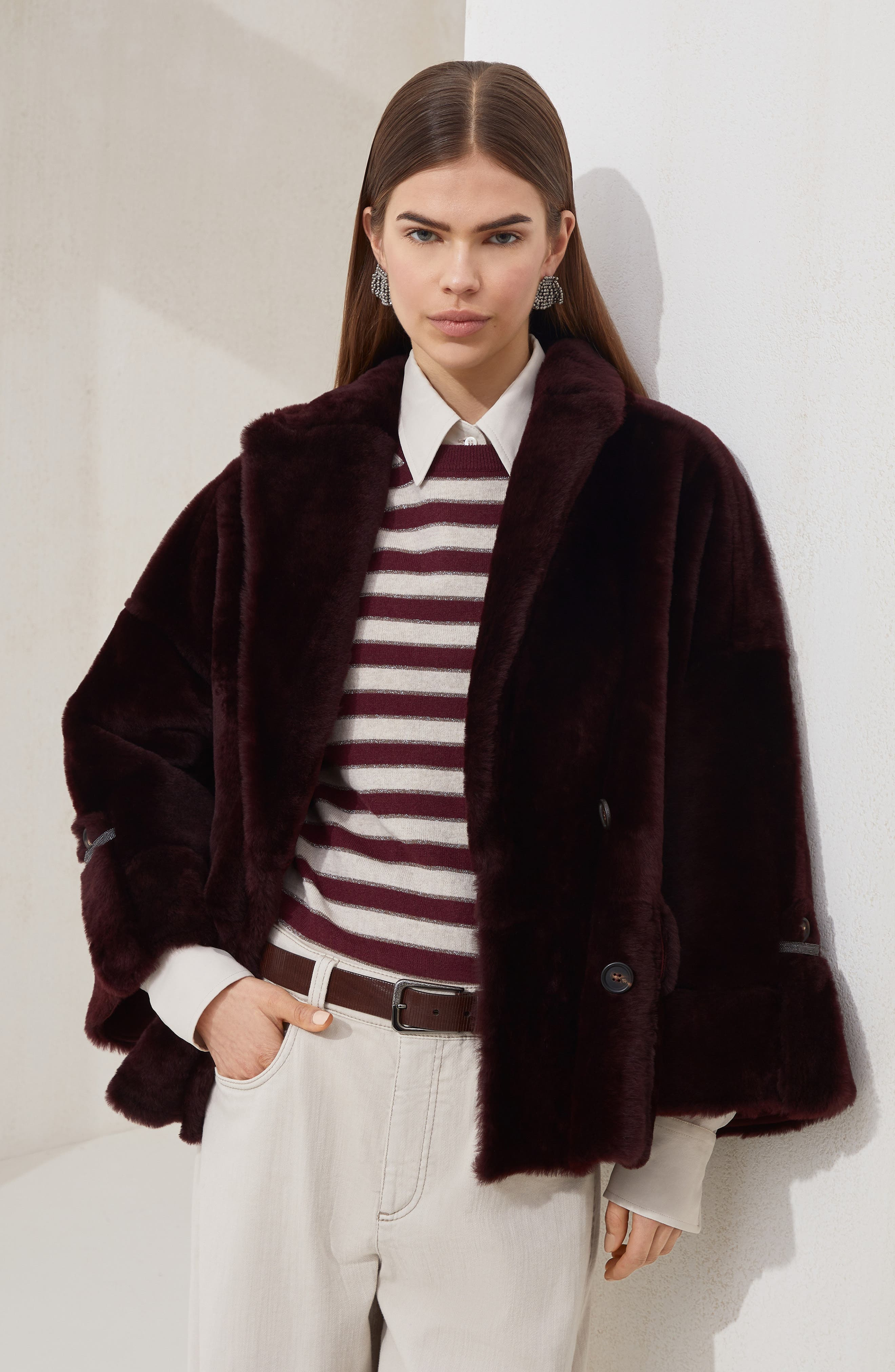 Brunello Cucinelli Shearling reversible outerwear in Burgundy at Nordstrom - 5