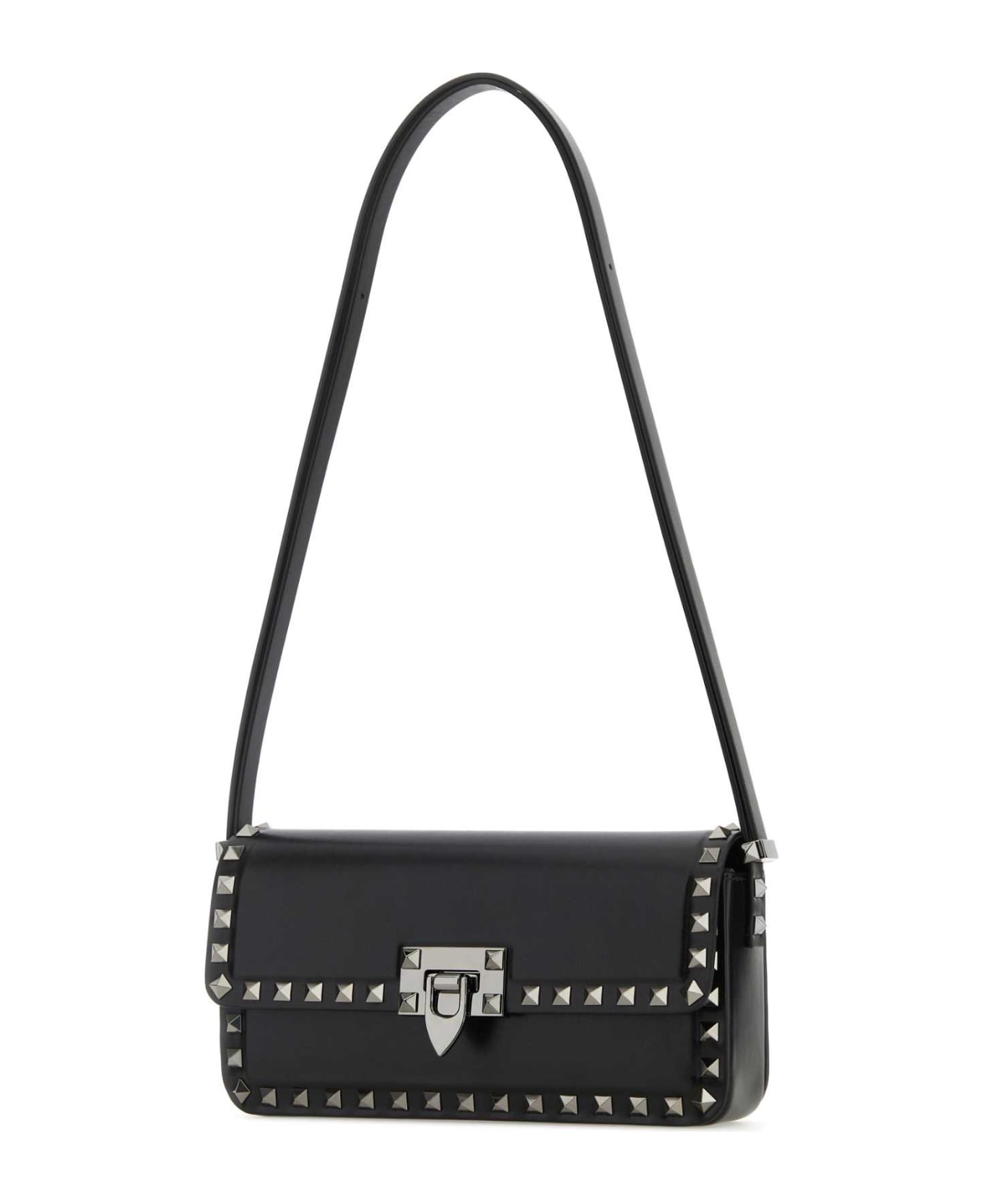 Black Leather Rockstud Shoulder Bag - 2