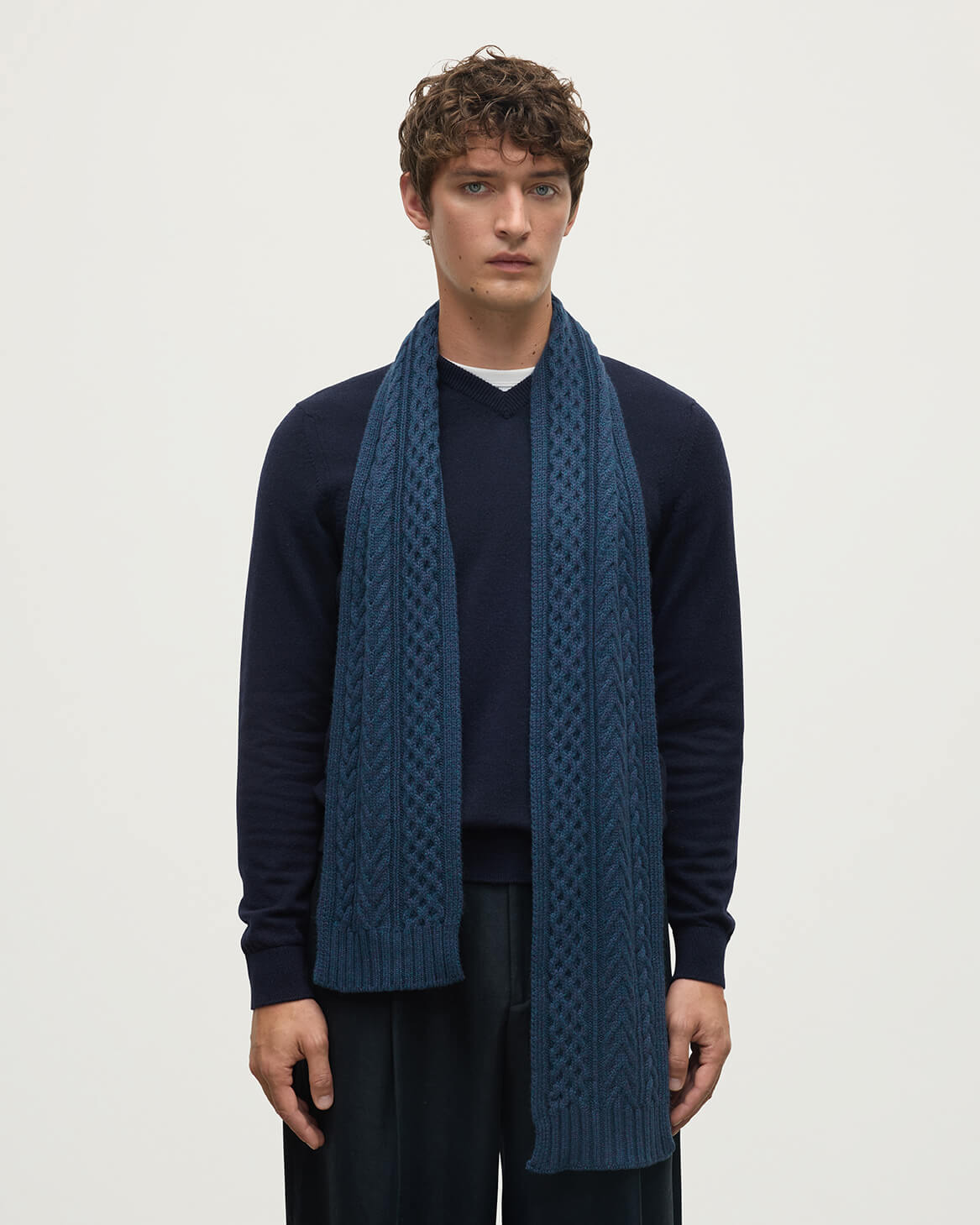 Aran Cable Navy Cashmere Scarf - 3