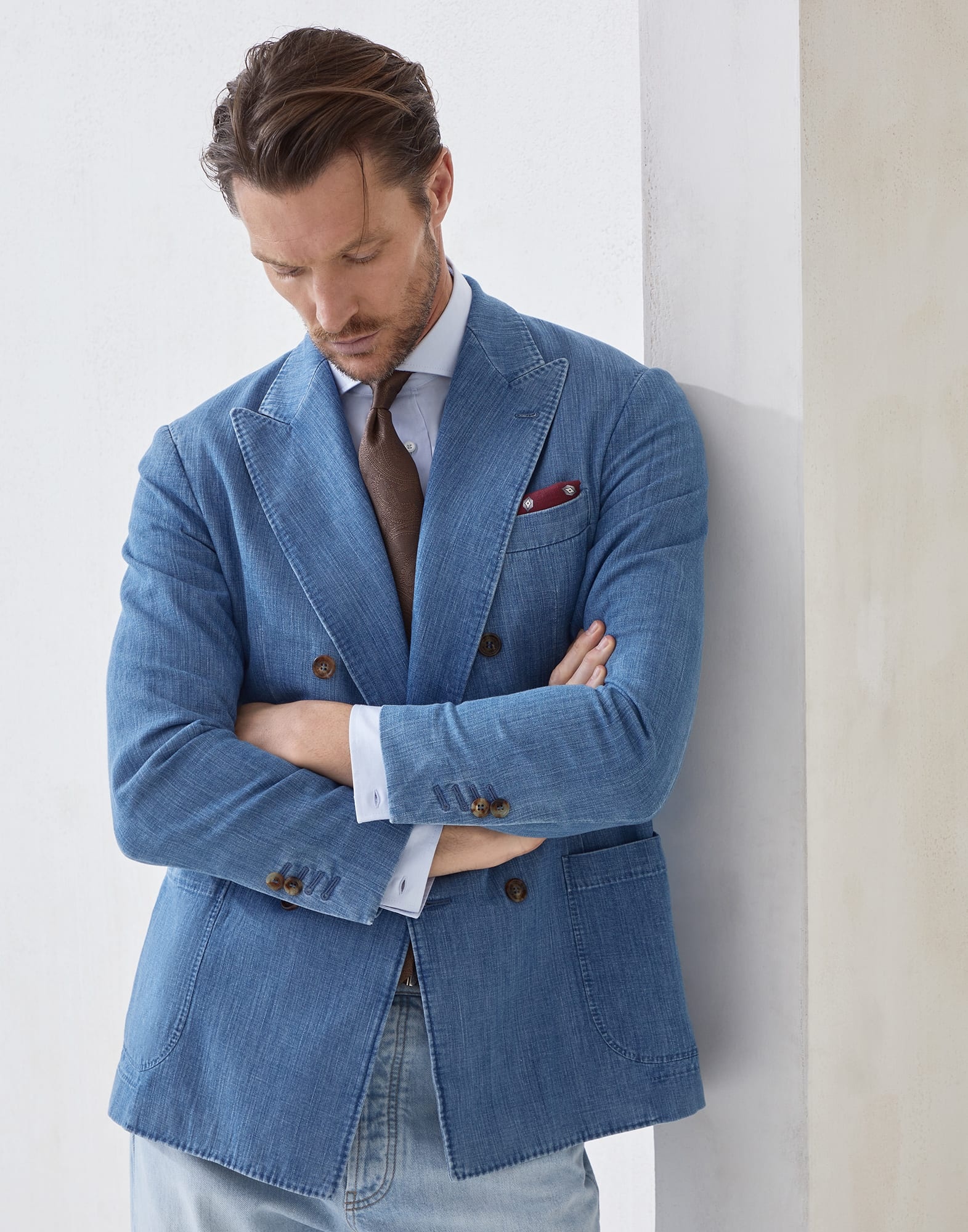 Lightweight old denim deconstructed one-and-a-half breasted blazer with patch pockets - 4