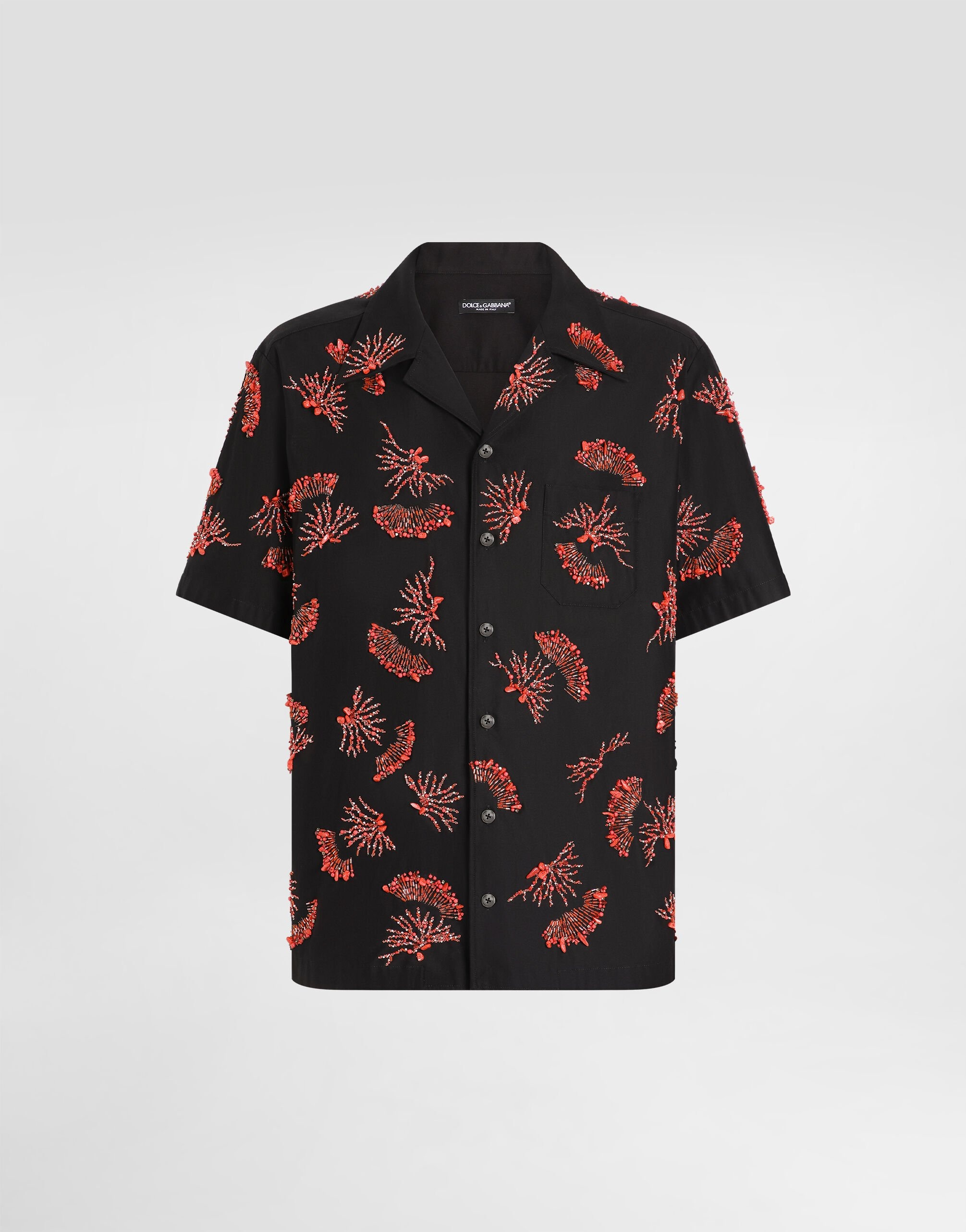 Short-sleeved cotton shirt with coral embroidery - 1