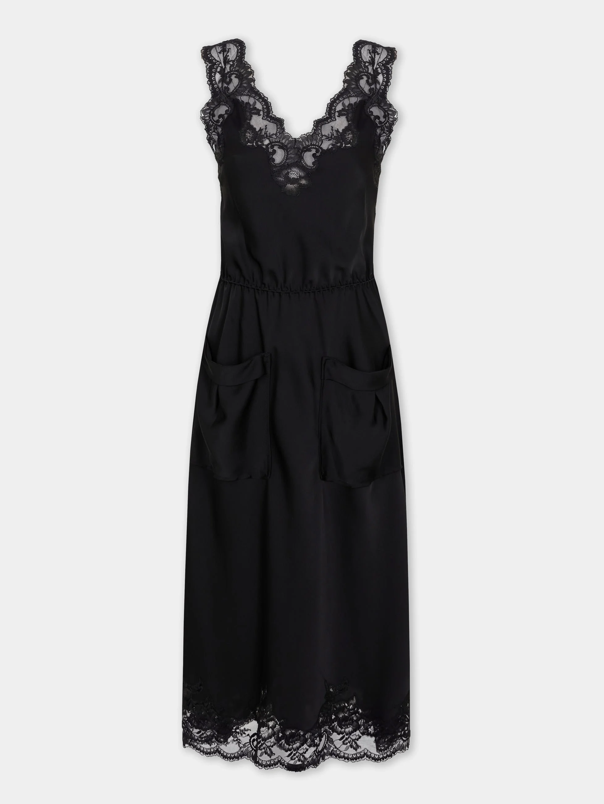 MIDI DRESS IN BLACK SILK SATIN WITH LACE DETAILING - 1