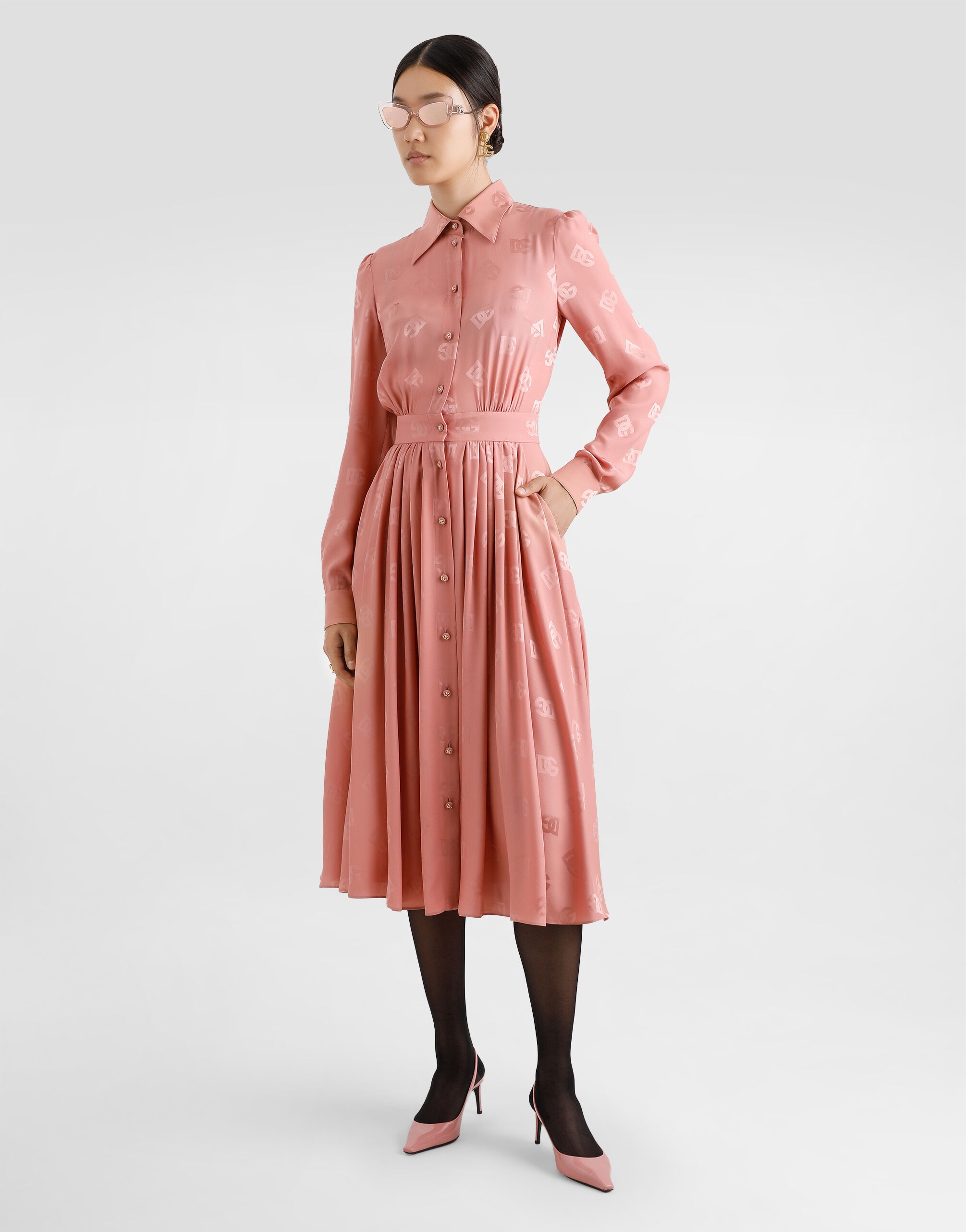 Silk satin jacquard shirt dress with DG logo - 2