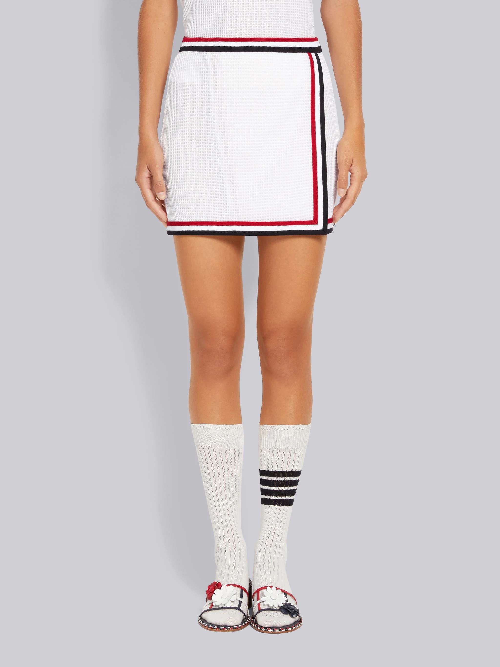 White Textured Bicolor Cotton Check Stripe Framing Mini Wrap Skirt - 1