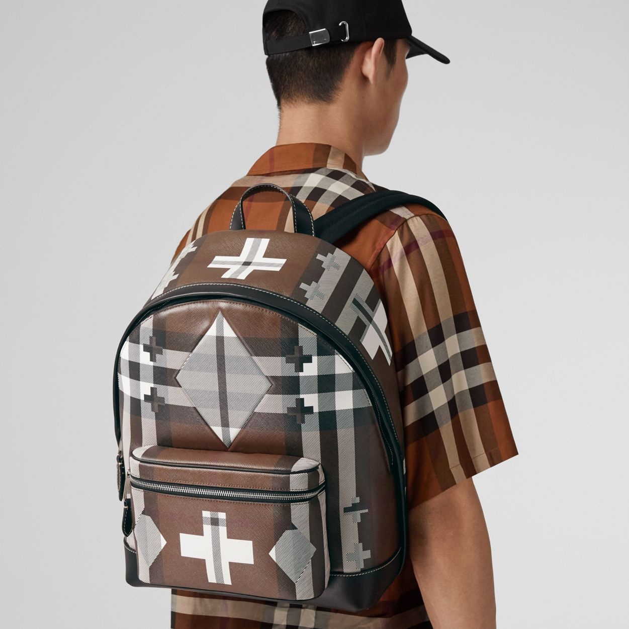 Geometric Check and Leather Backpack - 3
