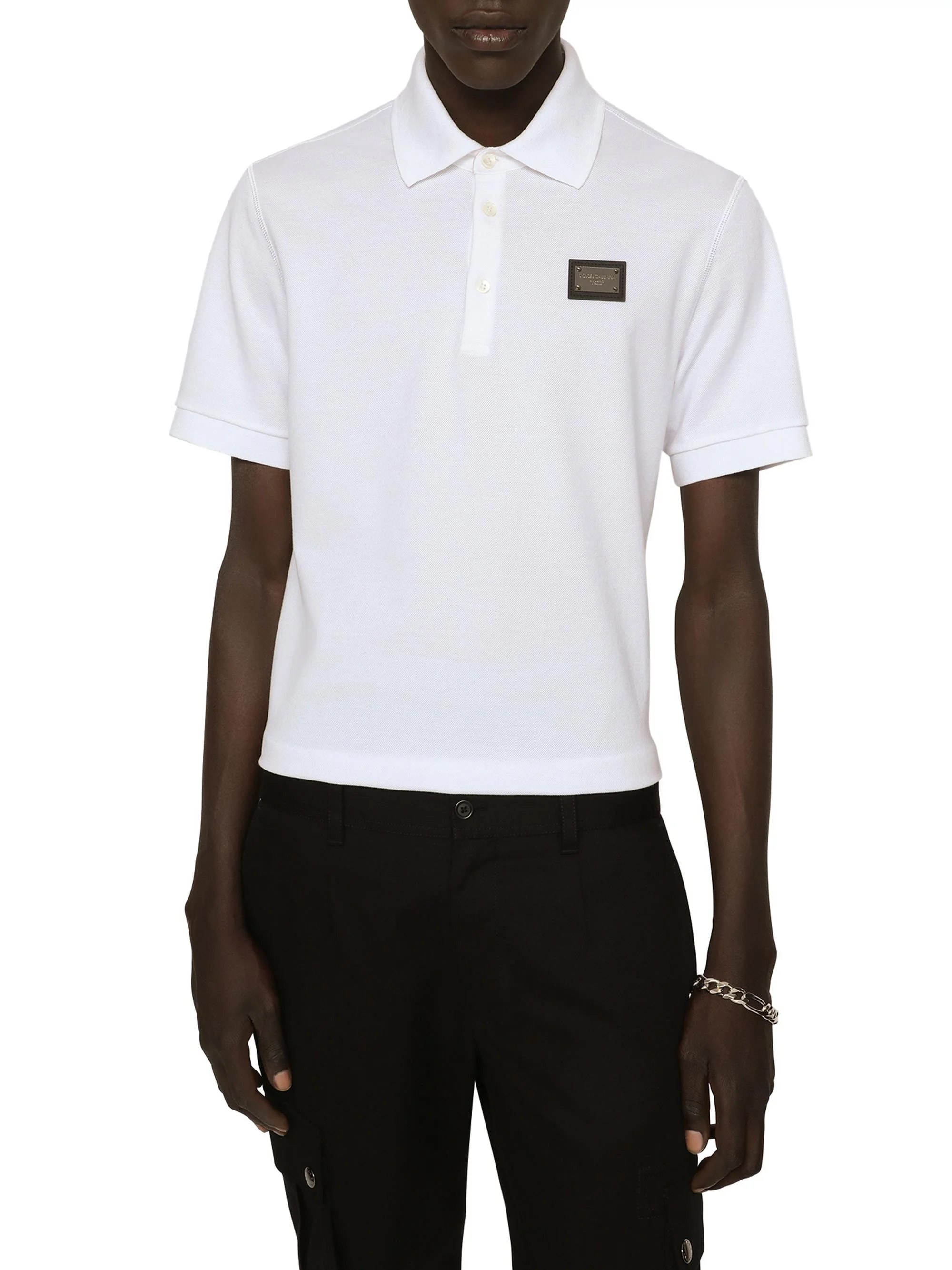 Men's Logo Plaque Cotton Polo Shirt - White - 1