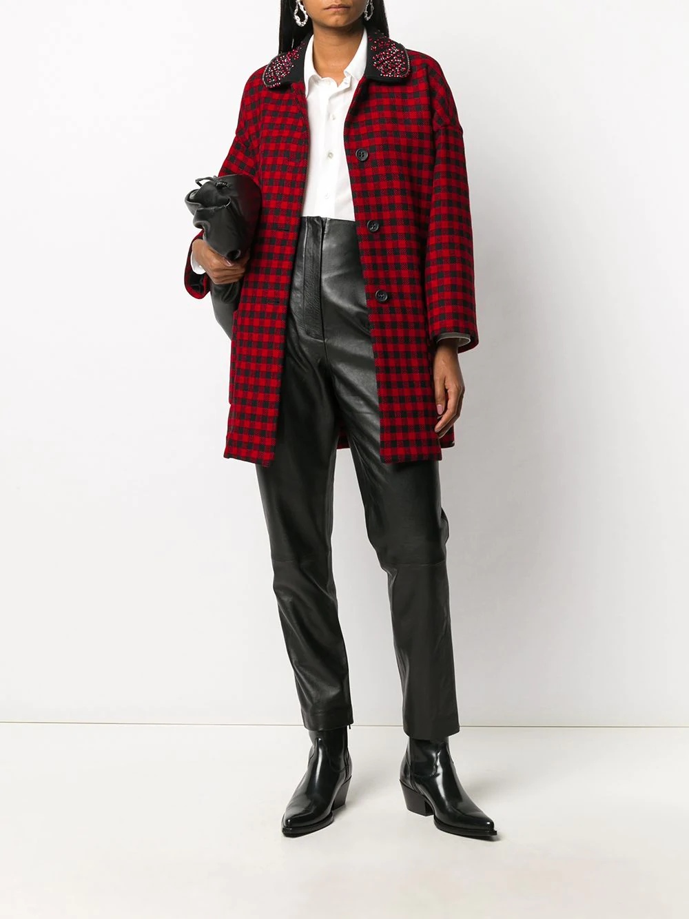 embellished collar check print coat - 2