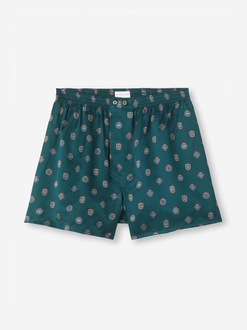 Men's Classic Fit Boxers Silk Satin Green Badge Print - 1