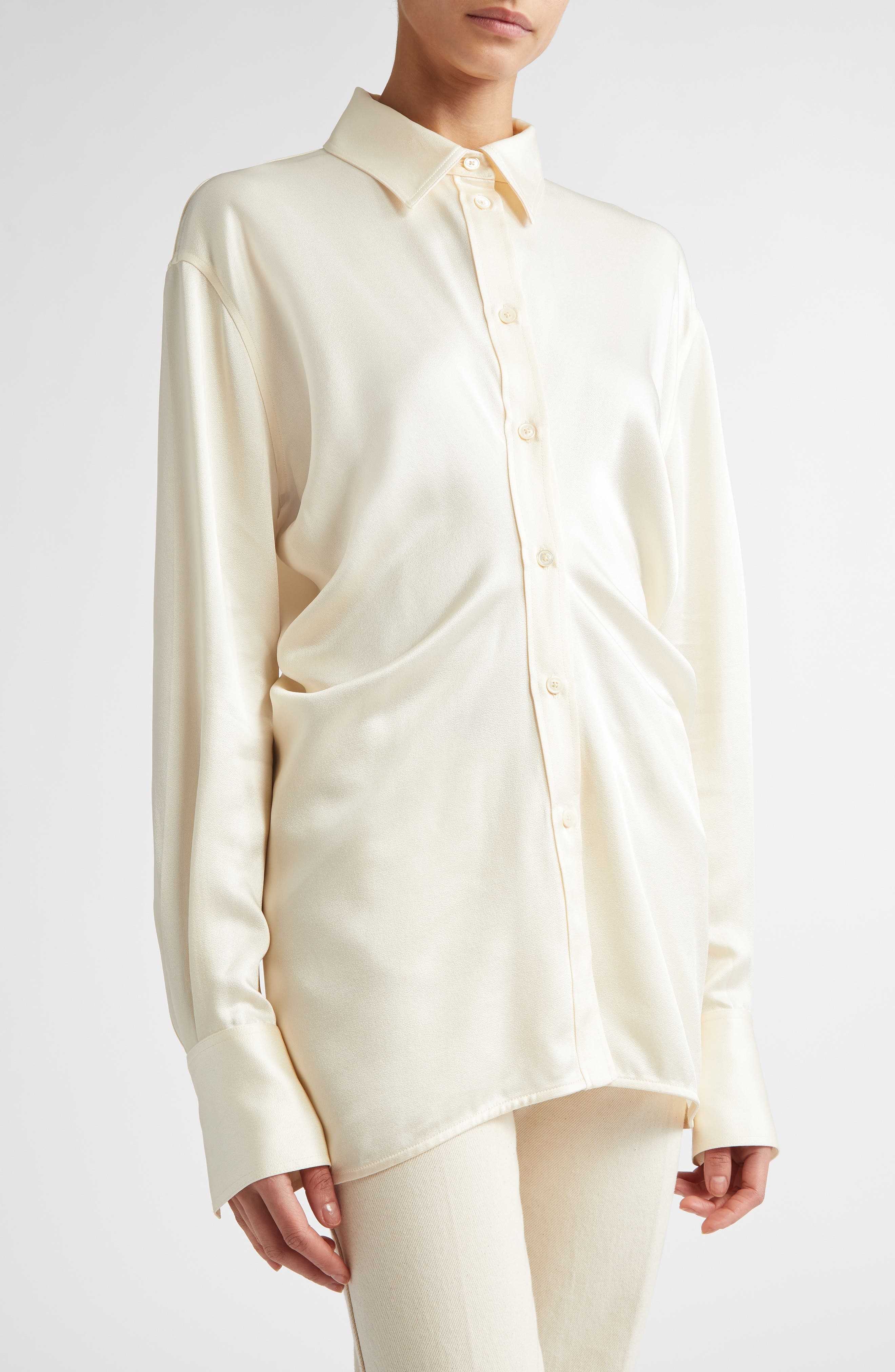 TOTEME Slouch Waist Satin Button-Up Shirt in Macadamia at Nordstrom - 6