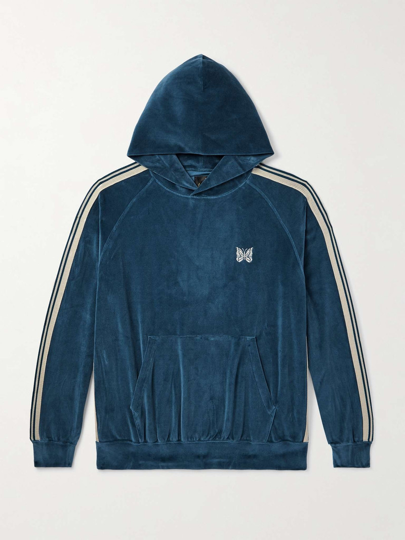 Webbing-Trimmed Logo-Embroidered Cotton-Blend Velour Hoodie 1