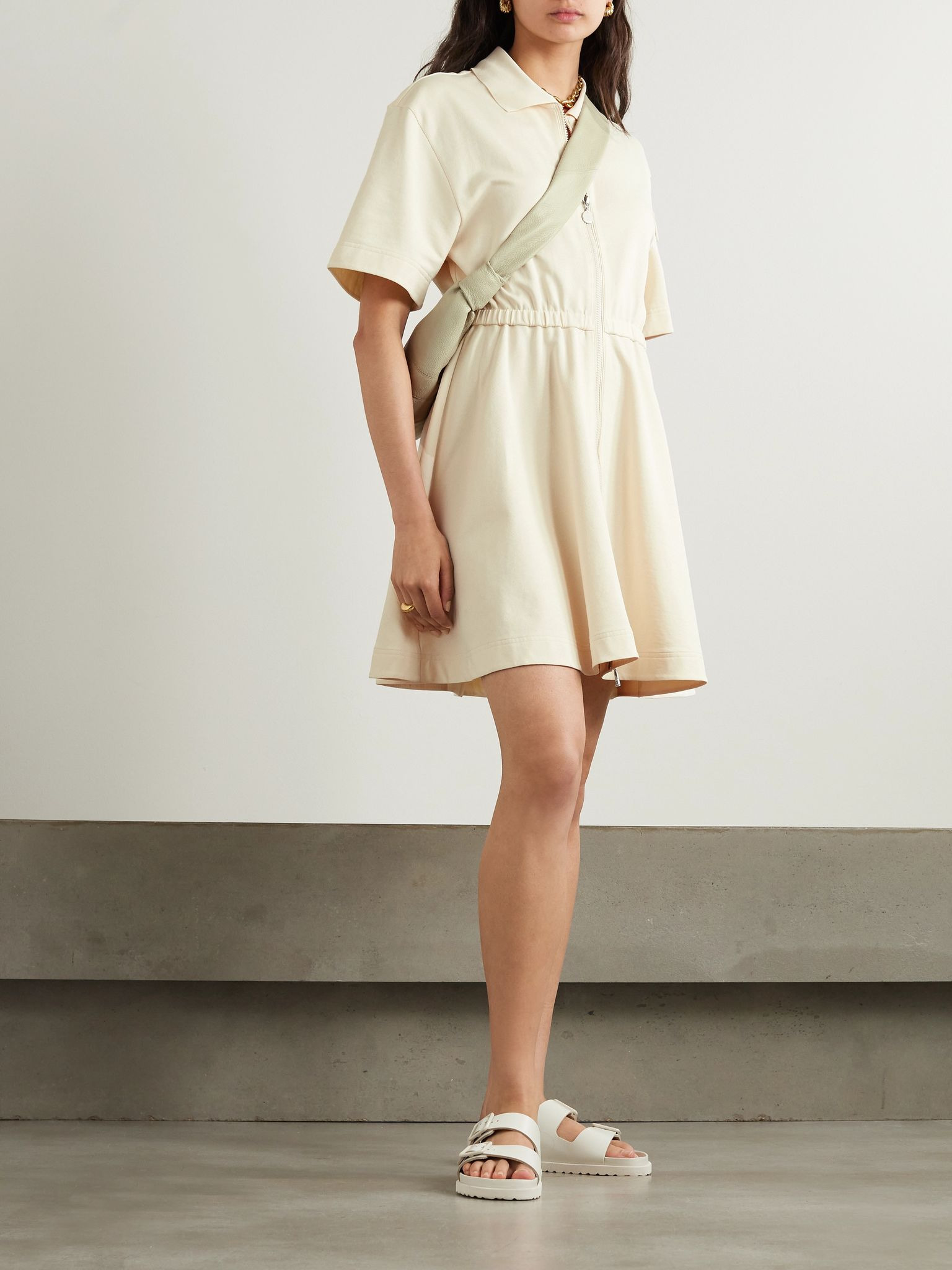 Pleated cotton-piqué mini shirt dress Ecru - 2