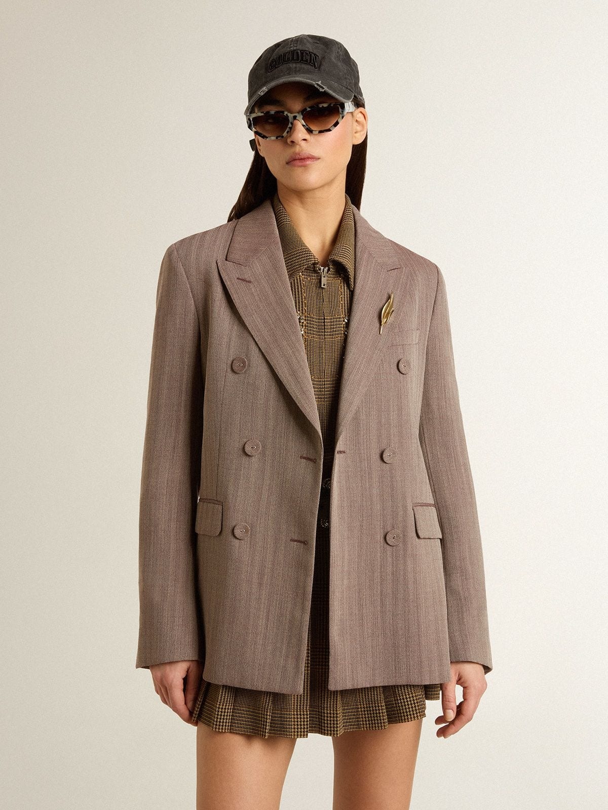 Women's double-breasted blazer in beige chevron wool blend - 2
