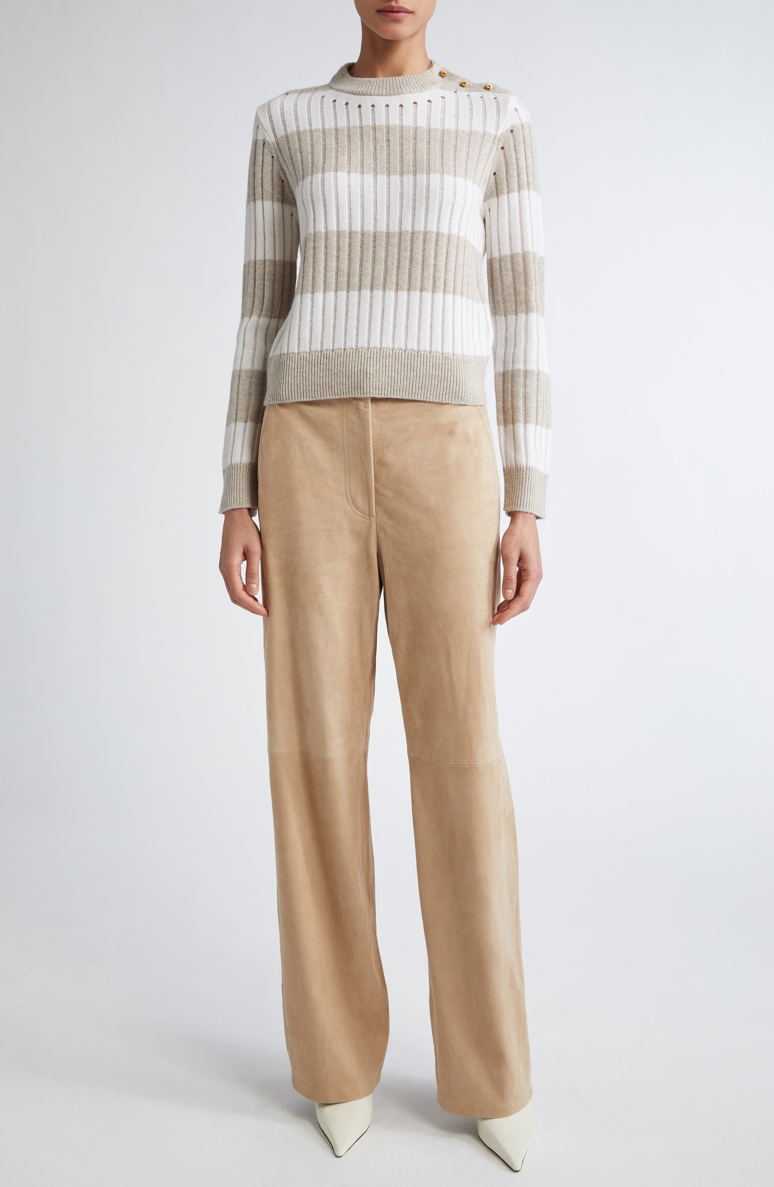 Max Mara Alfeo Stripe Rib Wool & Cashmere Crop Sweater in White at Nordstrom - 2