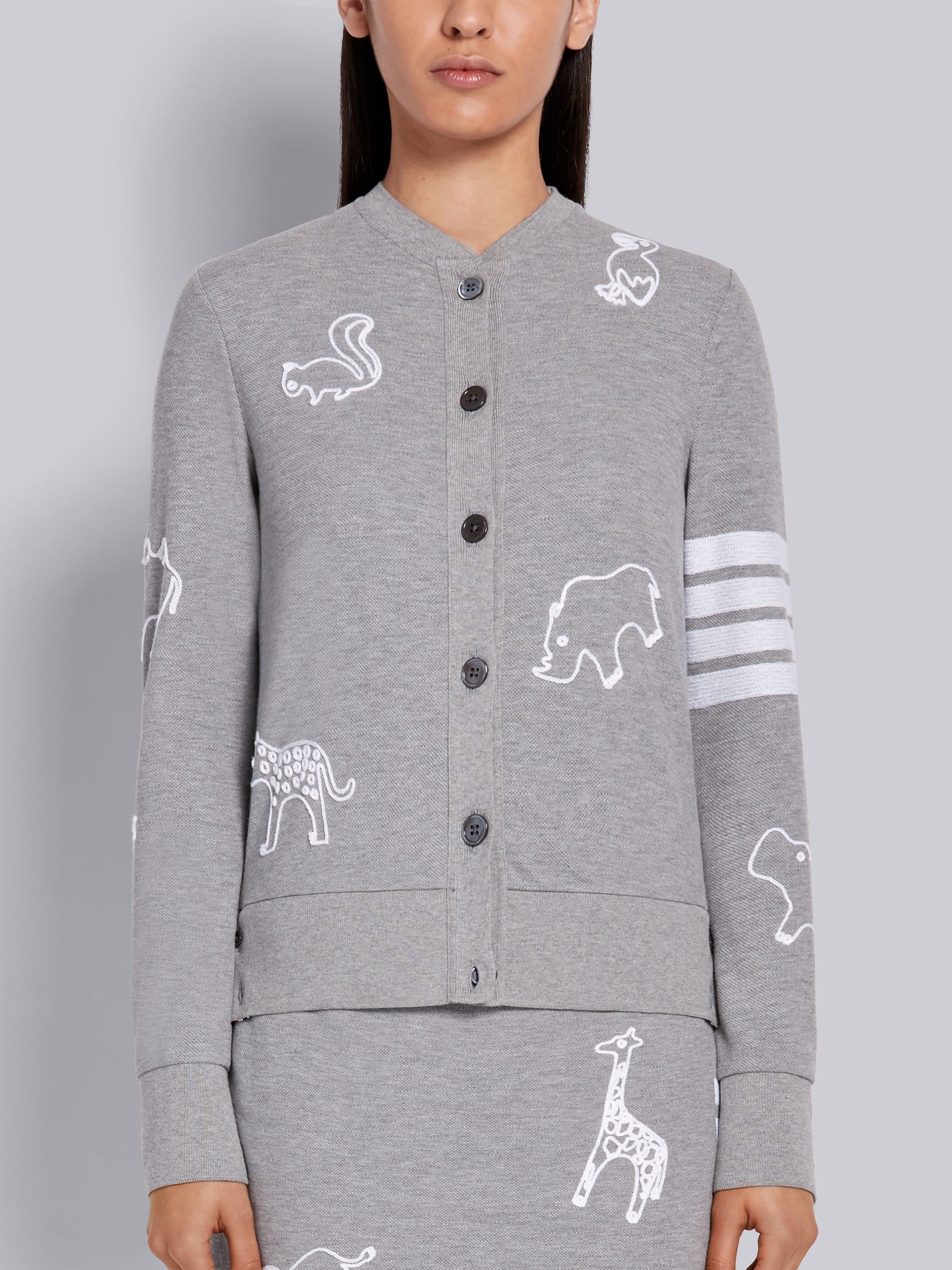 Light Grey Classic Cotton Pique Animal Icon Embroidery Crewneck 4-Bar Cardigan - 1