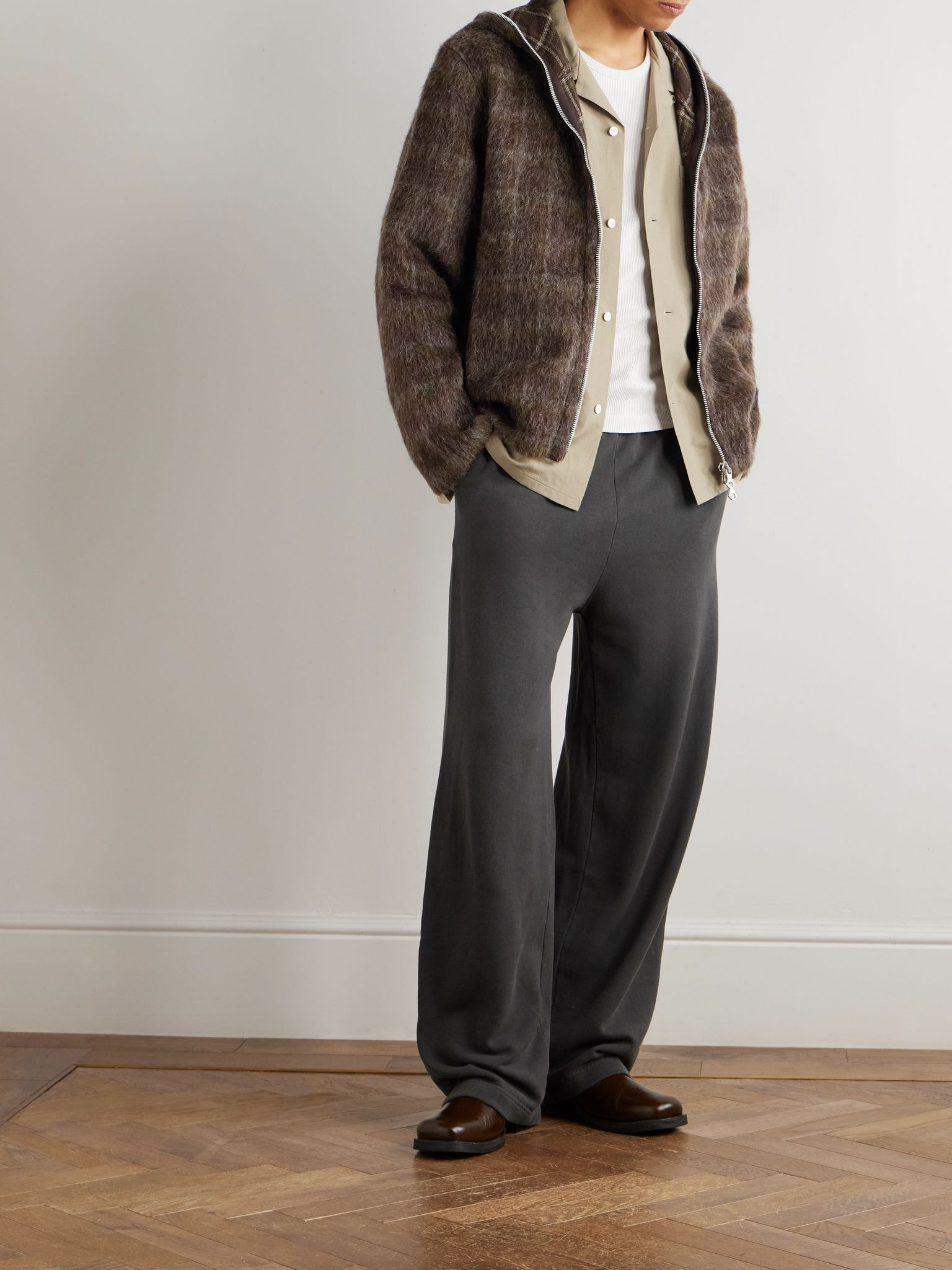 Checked Brushed-Knit Zip-Up Hoodie Brown - 2