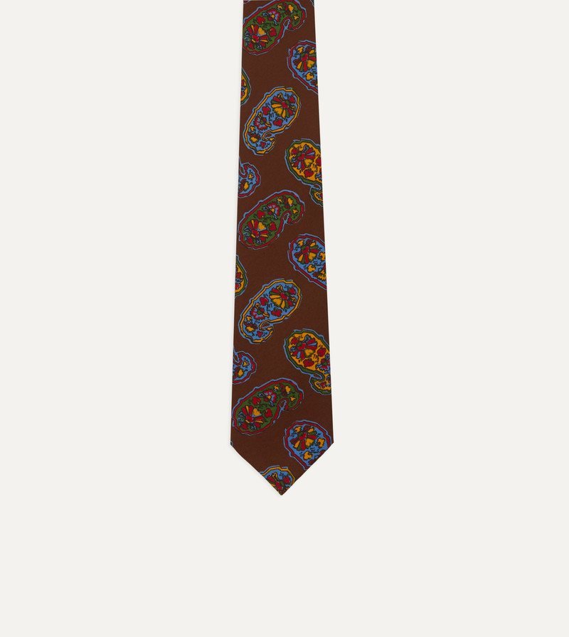 Brown Large Paisley Print Silk Self Tipped Tie 4