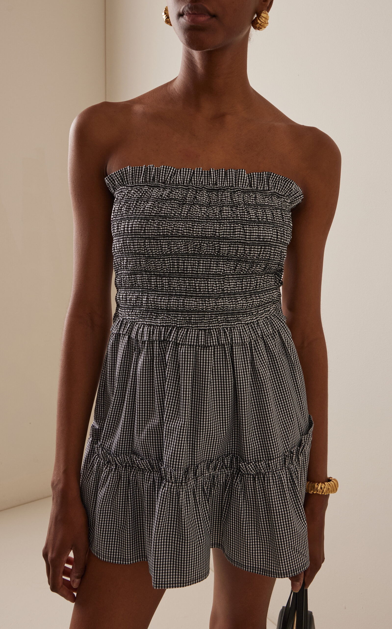 Neci Shirred Gingham Cotton Mini Dress plaid - 3