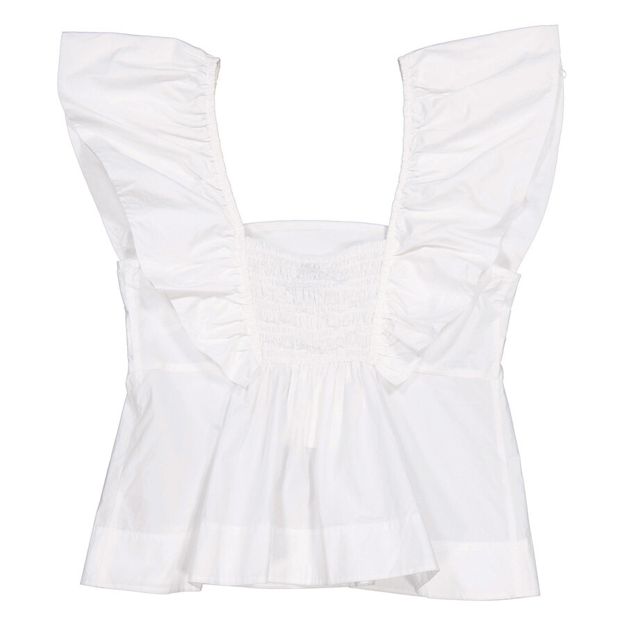 Ganni Bright White Cotton Poplin Ruffle Blouse - 6