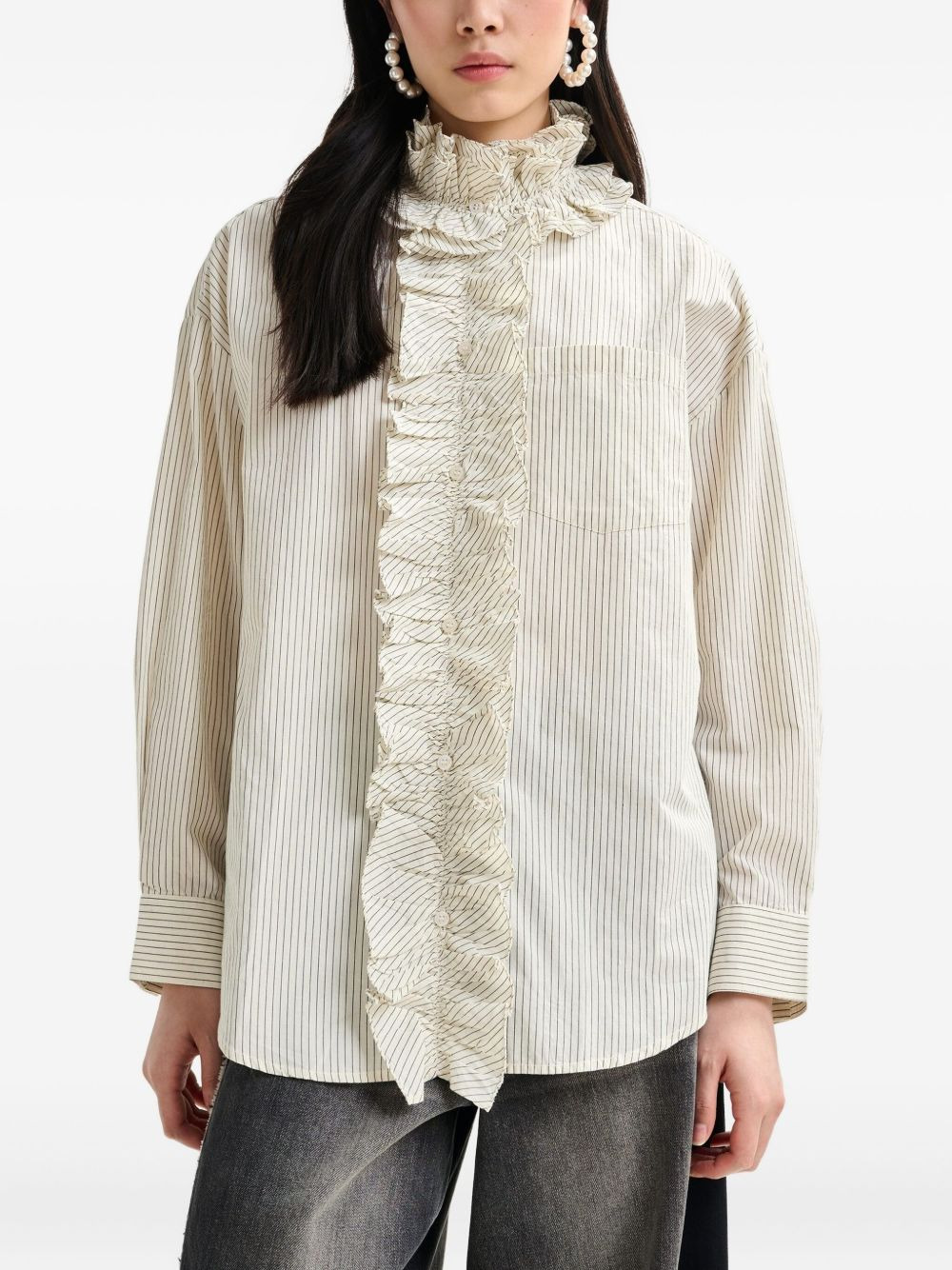 stripe-pattern ruffle-detail shirt - 3