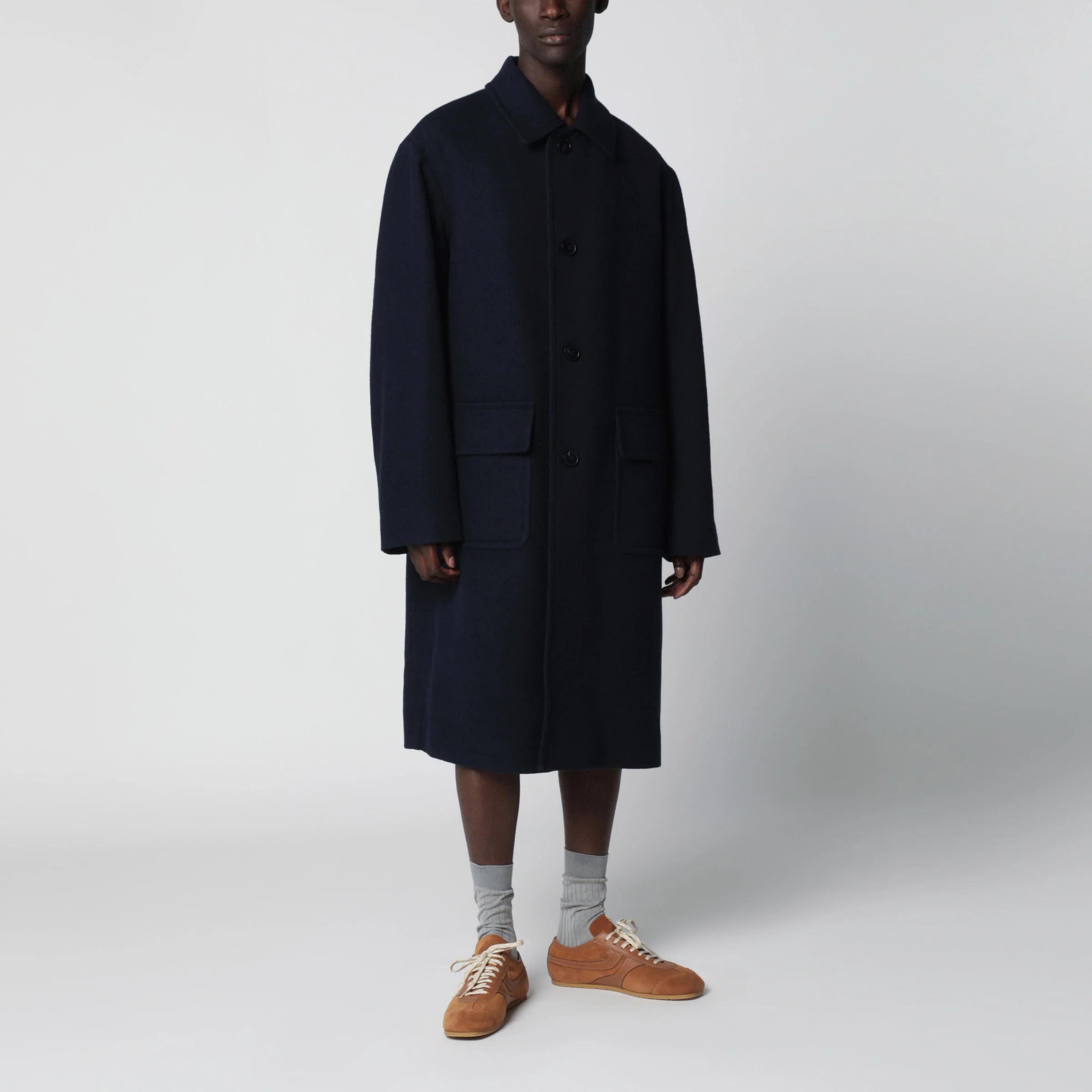Navy blue single-breasted wool coat - 1