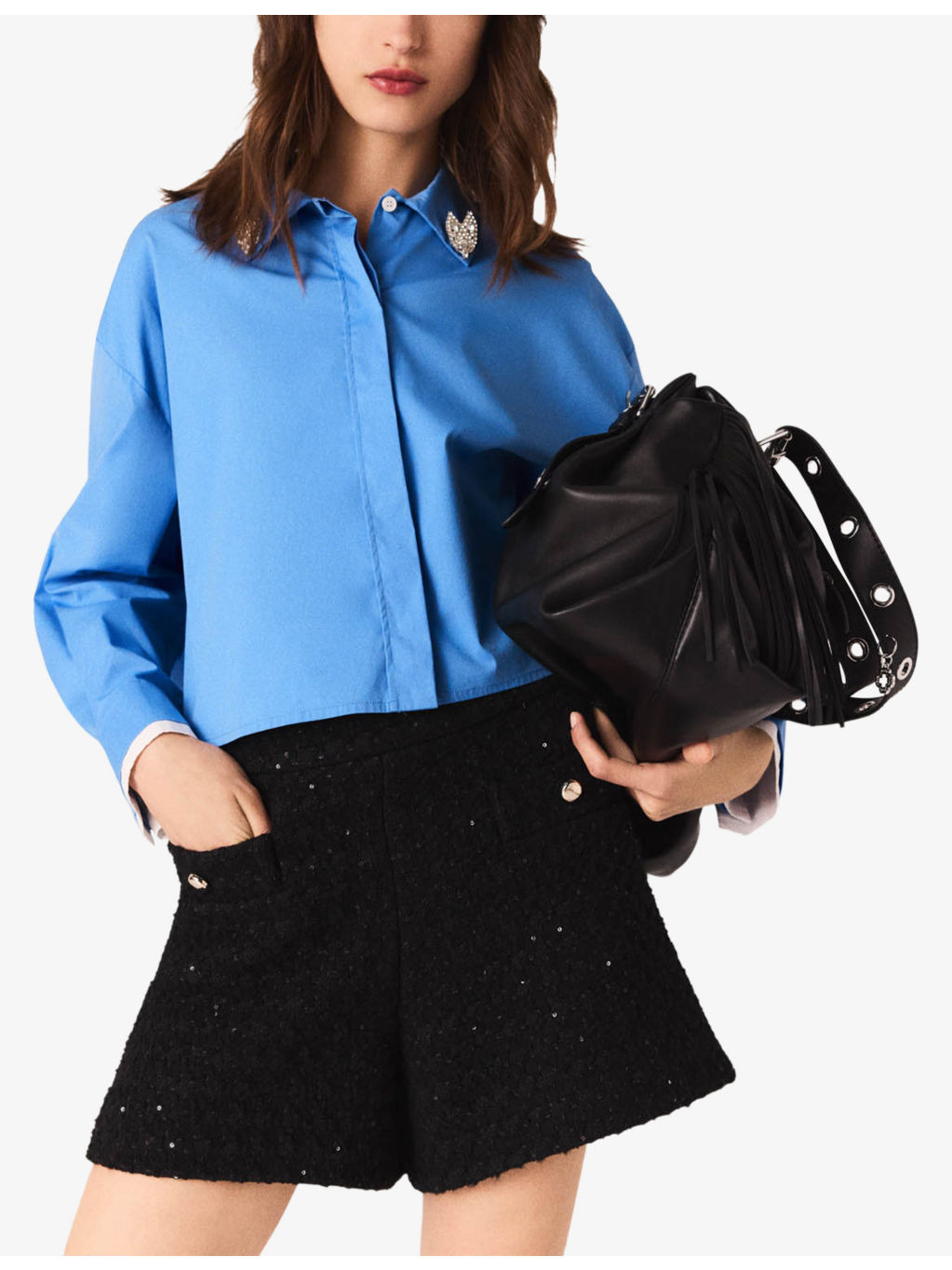 Rhinestone-Embellished Mid-Rise Tweed Shorts - 3