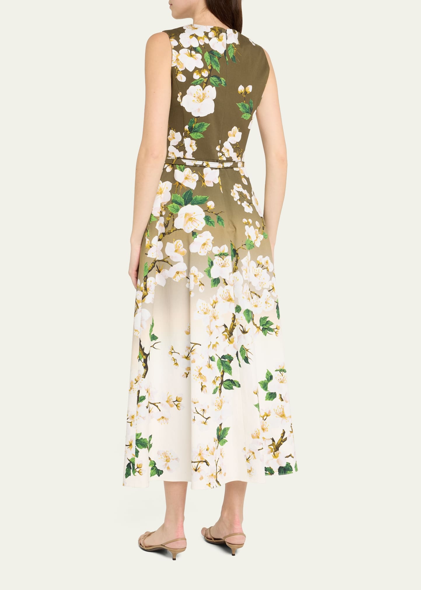 Sleeveless Ombre Cherry Blossom Tea-Length Dress With Belt - 3