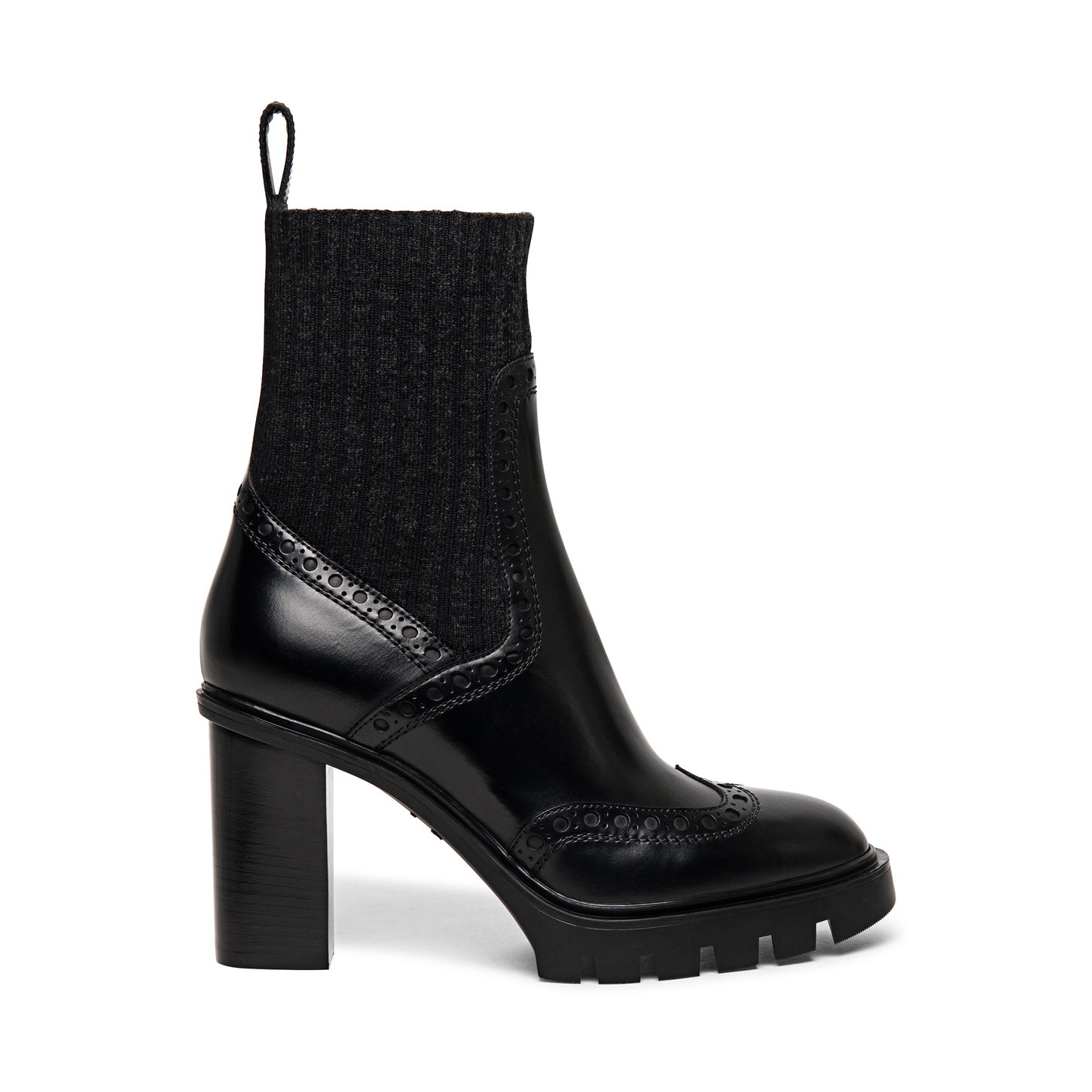 Women’s black leather mid-heel brogue sock boot - 1