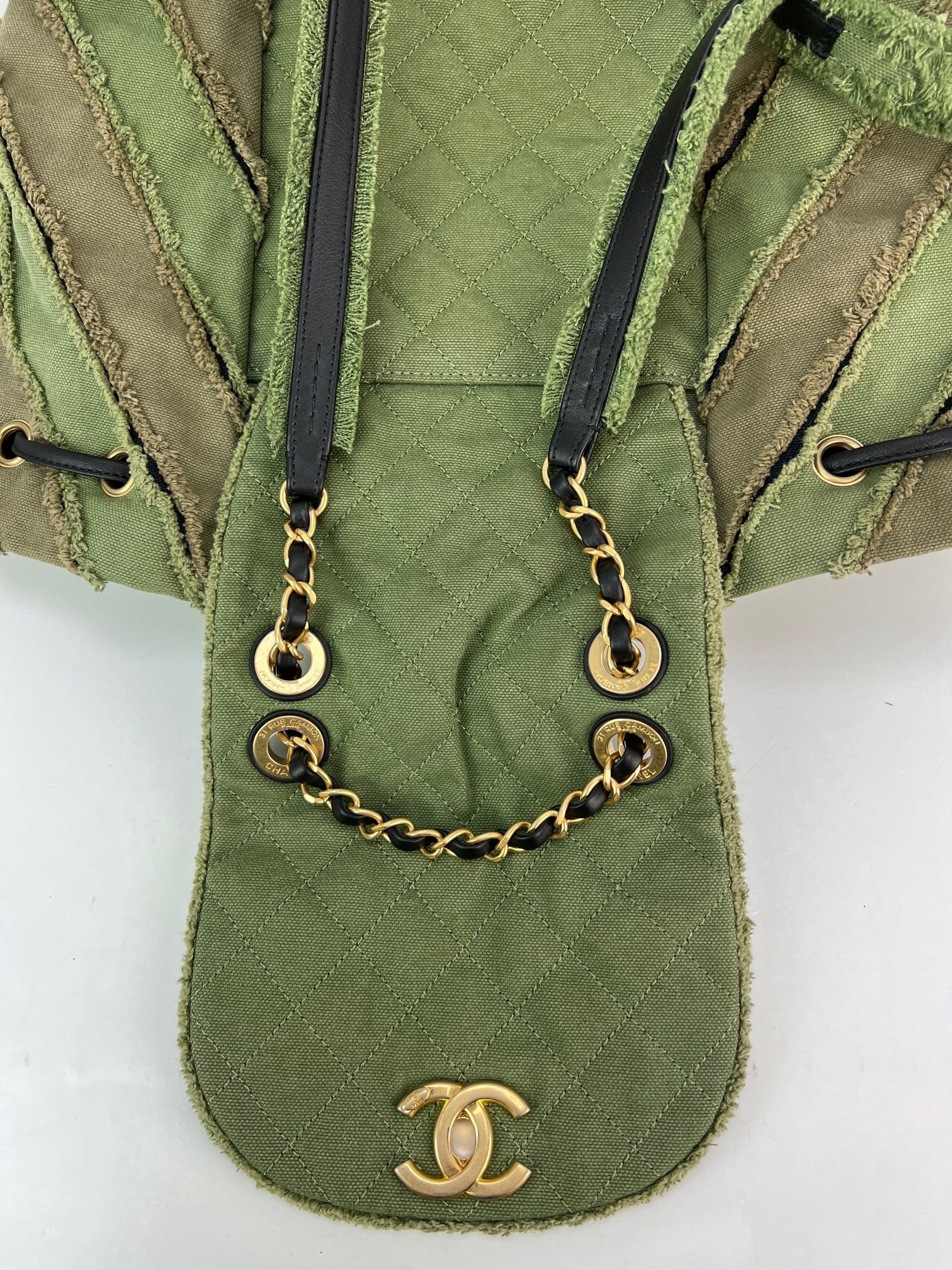 CHANEL Backpack Canvas Chevron Cuba Patchwork Khaki Green Backpack Preowned - 13