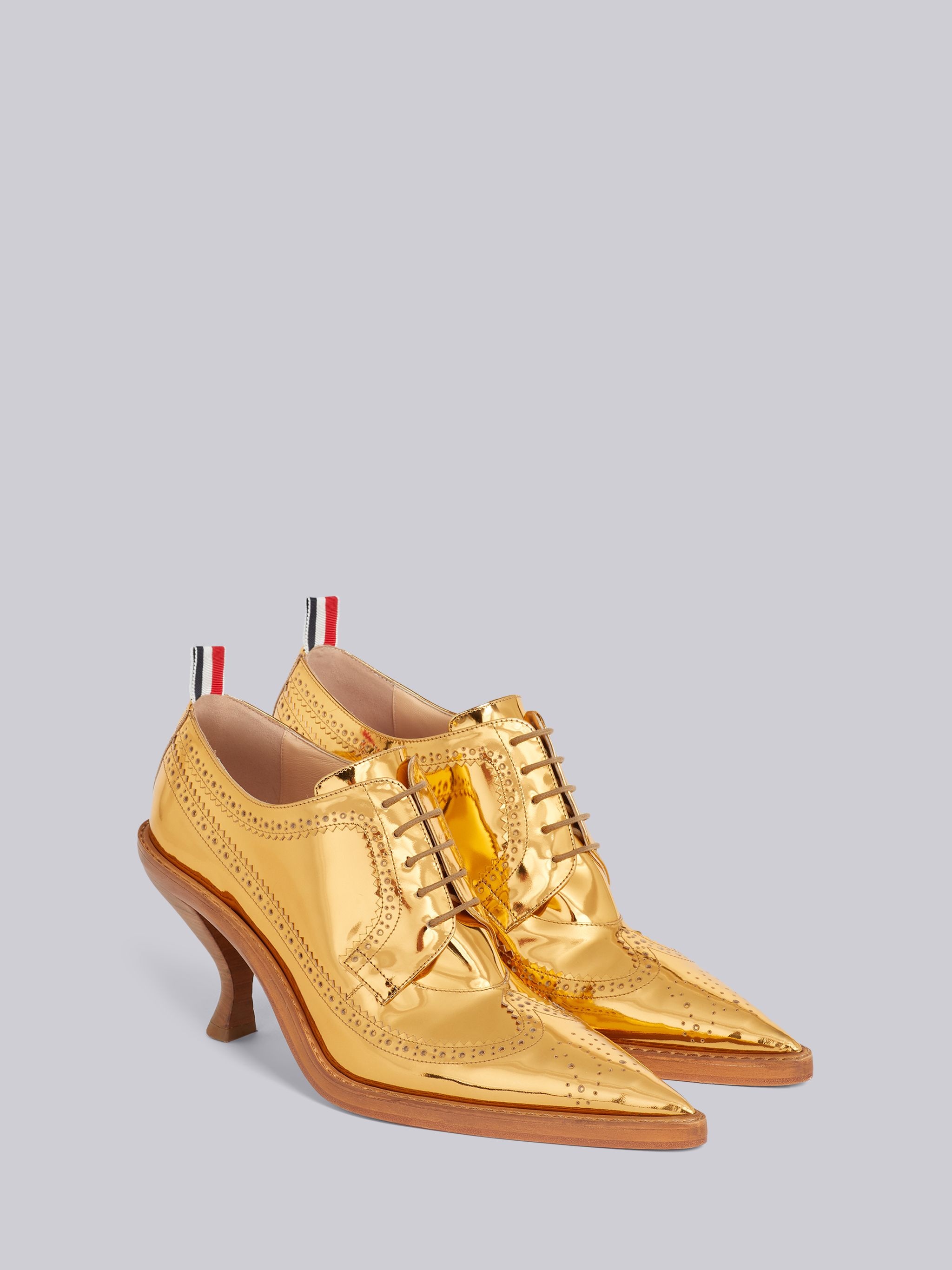 Gold Specchio Calf Leather 75mm Curved Heel Longwing Brogue - 3