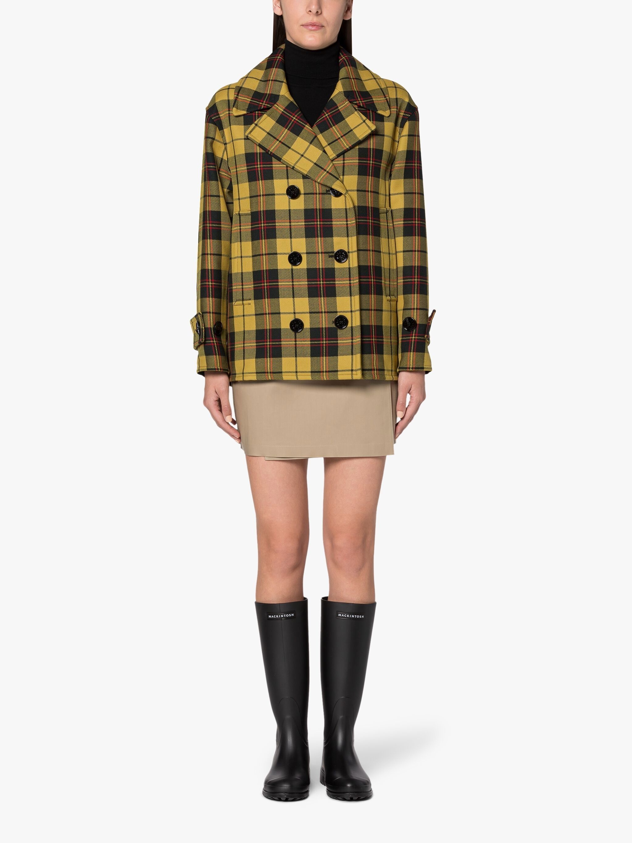 FIONA YELLOW TARTAN WOOL & SILK PEA COAT - 3