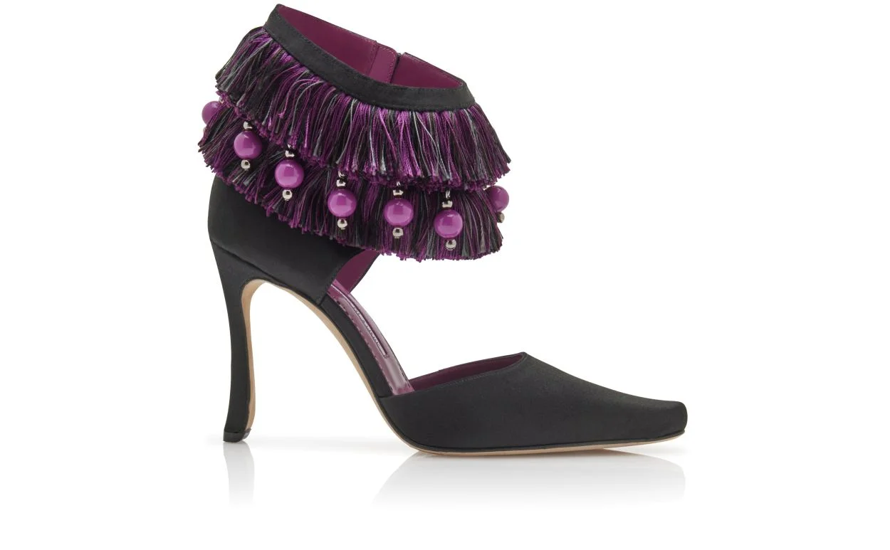 Black and Purple Satin Ankle Strap Pumps - 1