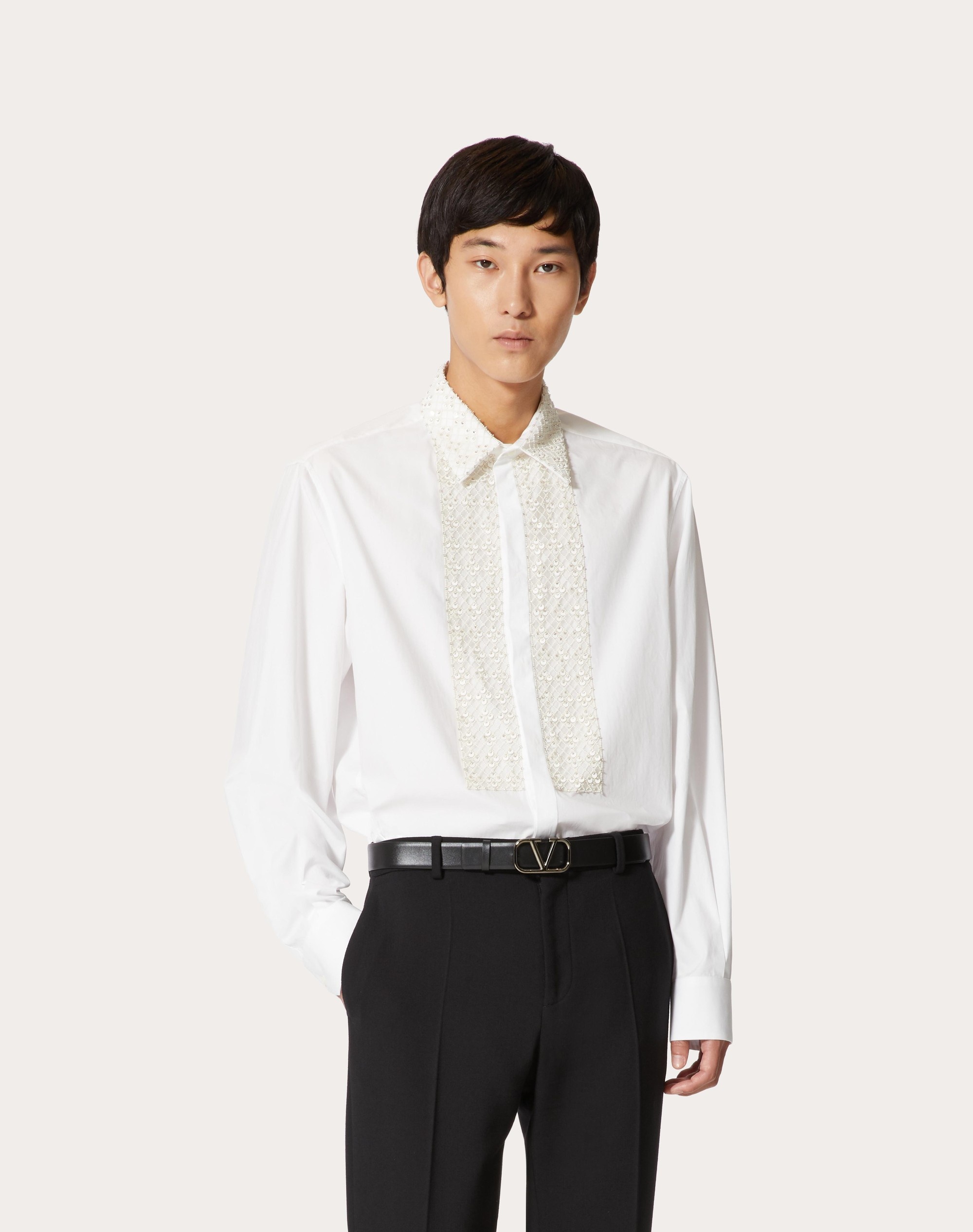 LONG-SLEEVED COTTON SHIRT WITH PLASTRON EMBROIDERED WITH SEQUINS AND BEADS - 3