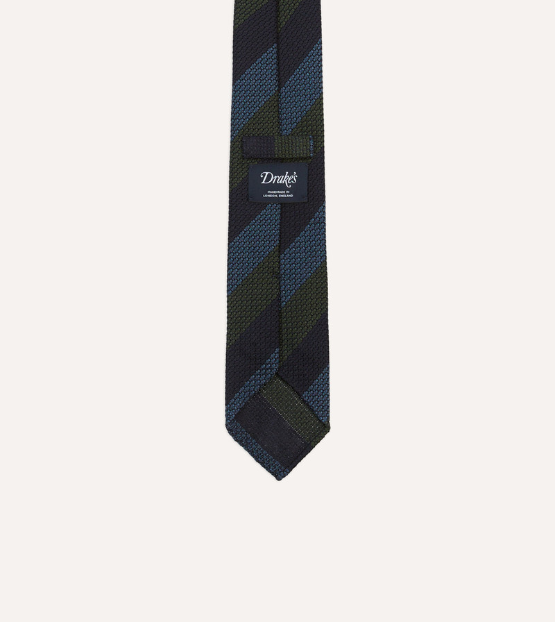 Navy, Green and Blue Block Stripe Hand Rolled Silk Grenadine Tie 4