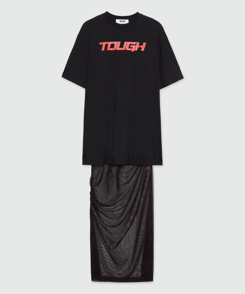 Long black dress in mixed tulle with "TOUGH" print 1