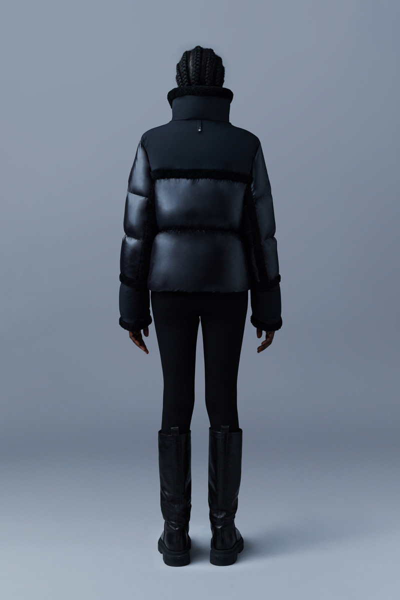 MIYA lustrous light down jacket with shearling trim 4